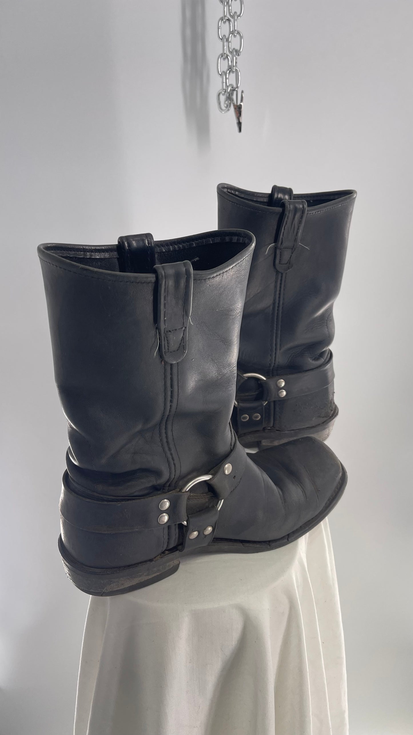 Vintage SIERRA Black Heavy Duty Sloppy Scuffed Distressed Leather Motorcycle Boots (10.5)