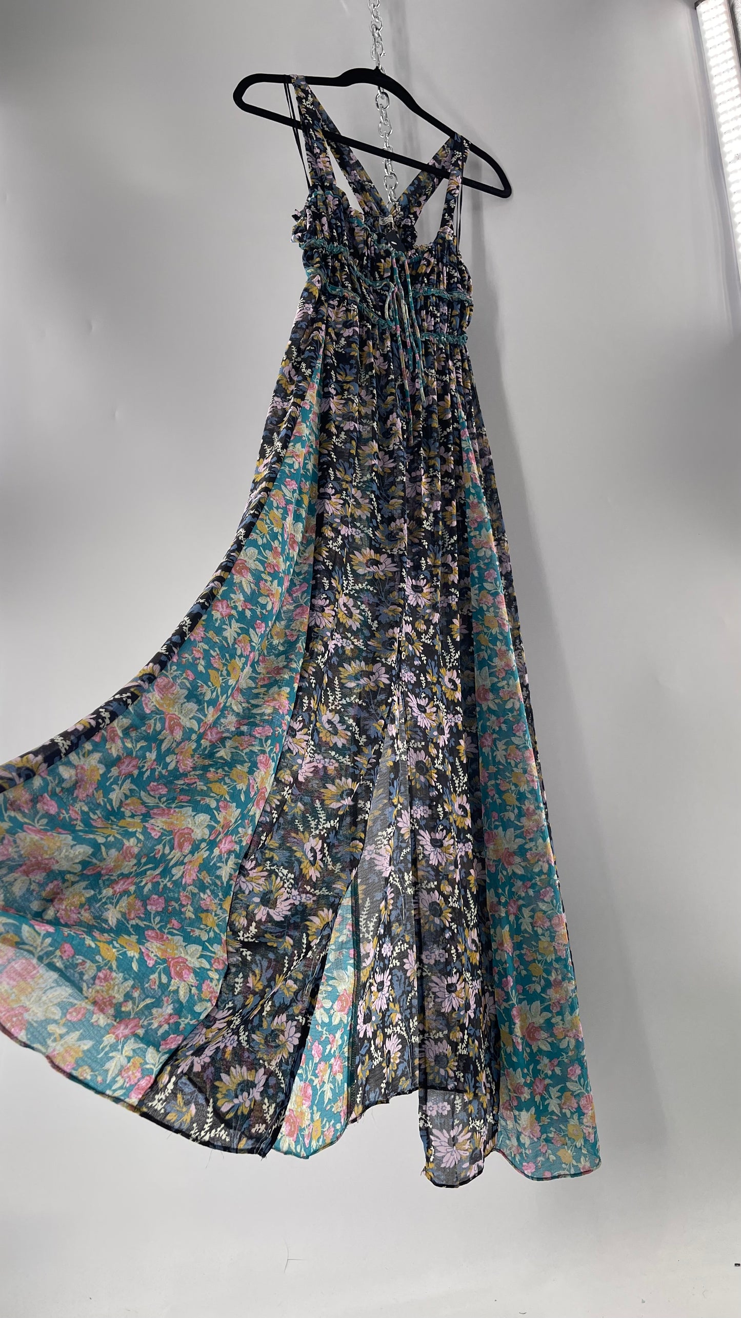 Intimately Free People Black and Teal Mixed Pattern Floral Maxi Dress with Tags Attached (XS)