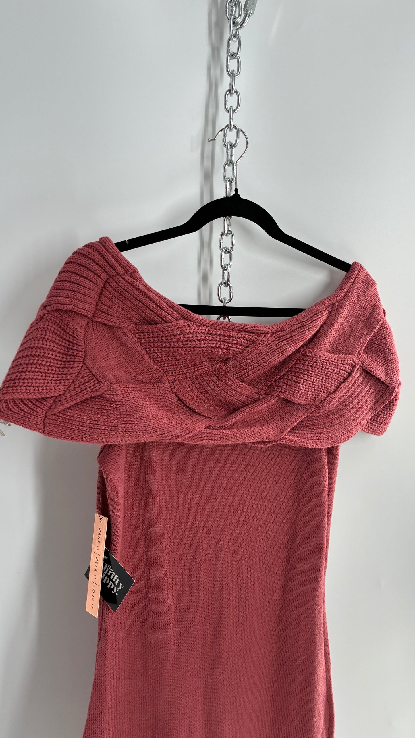 Vintage ALMOST FAMOUS Rosy Mauve Knit Dress with Woven Braided Off the Shoulder Detail and Tags Attached (Large)