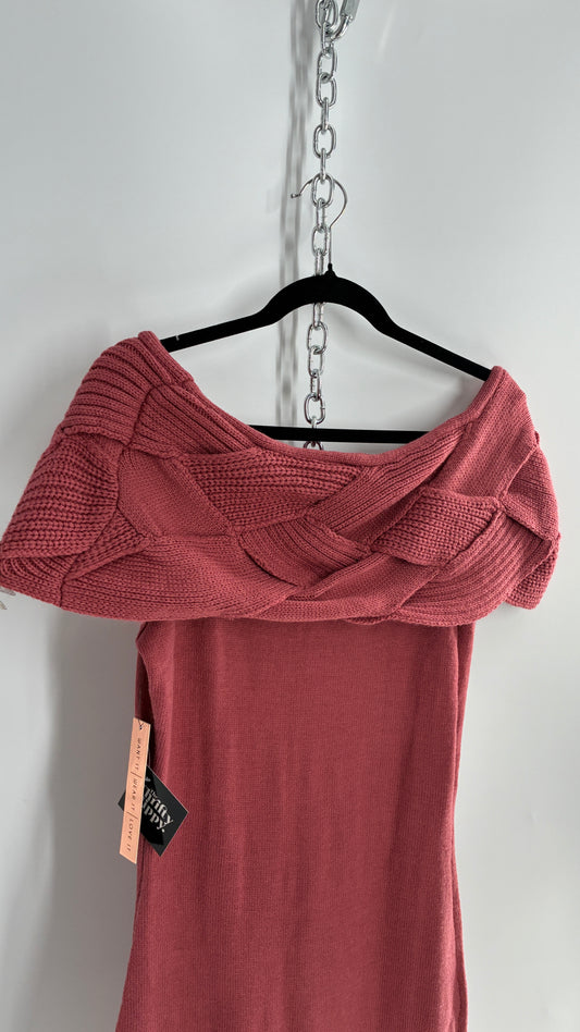 Vintage ALMOST FAMOUS Rosy Mauve Knit Dress with Woven Braided Off the Shoulder Detail and Tags Attached (Large)