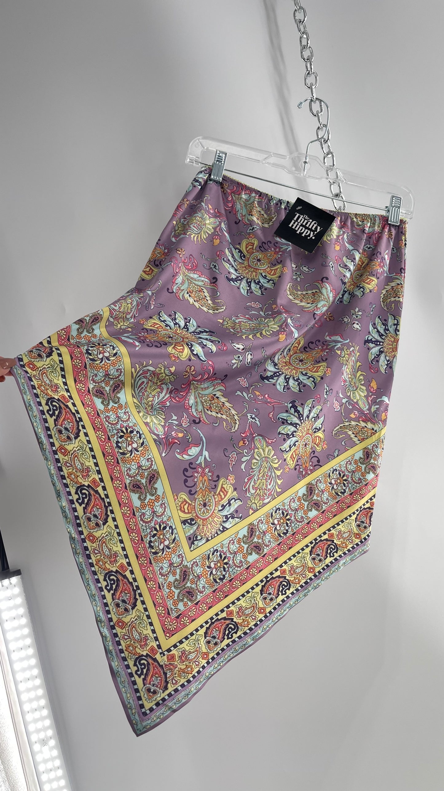 Urban Outfitters Lavender Satin Paisley Handkerchief Hem Skirt with Light Green Ribbon Waistline (Small)