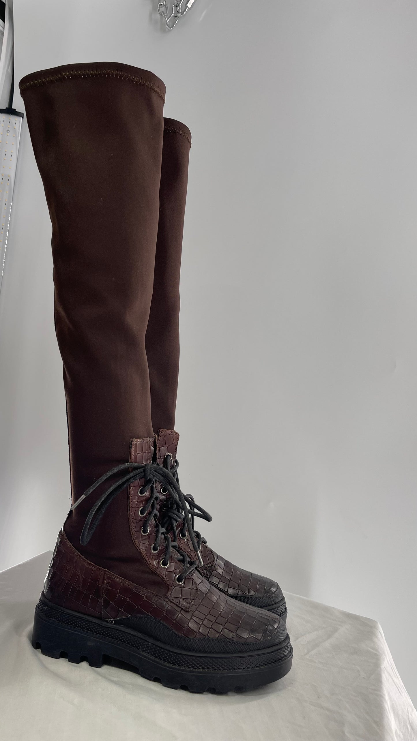 Free People Dark Brown Riding Style Embossed Knee High Platform Boots (37)