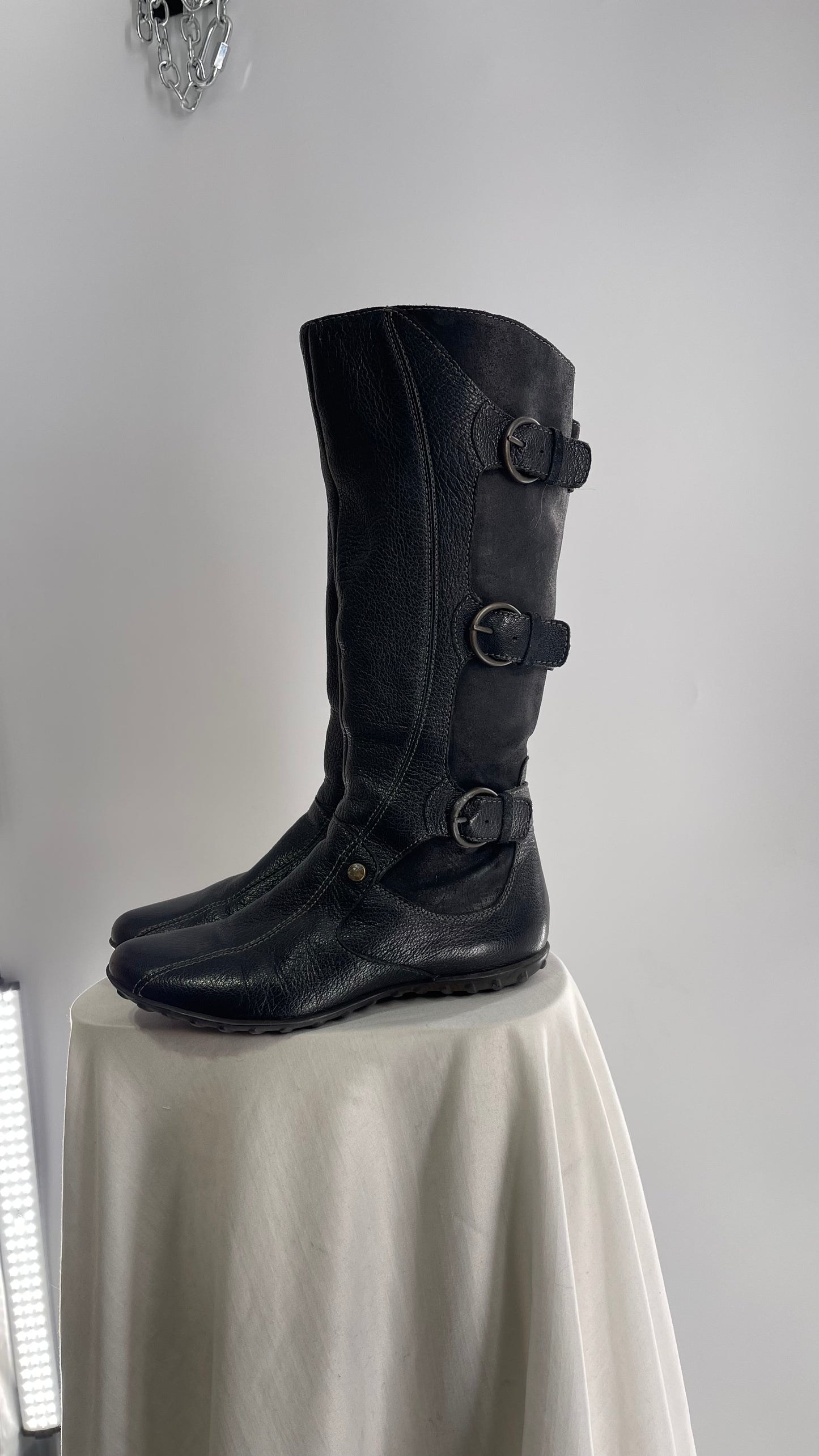 GEOX Black Leather Buckle Knee High Boots