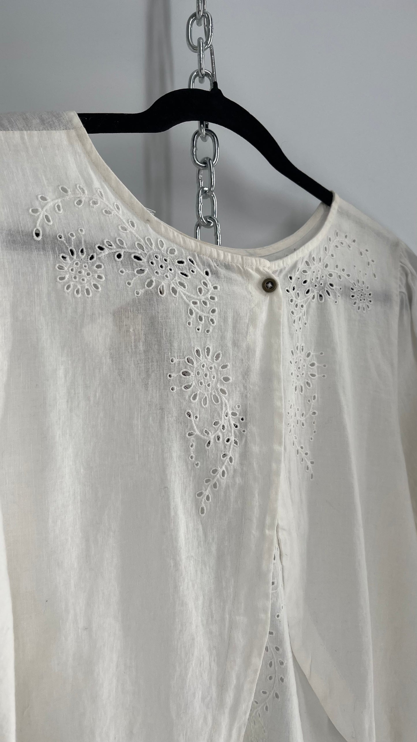 Free People Off White Cotton Open Back Eyelet Lace Short Sleeve (Medium)