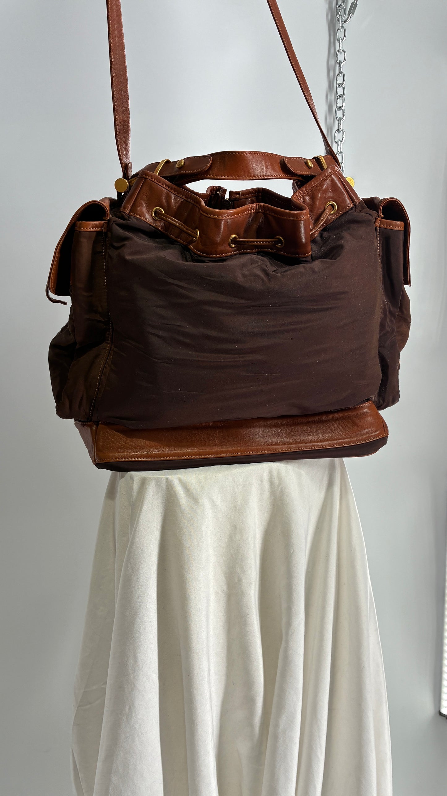Vintage DONNA KARAN DKNY Oversized XL Brown Zip Front Bag with Leather Details