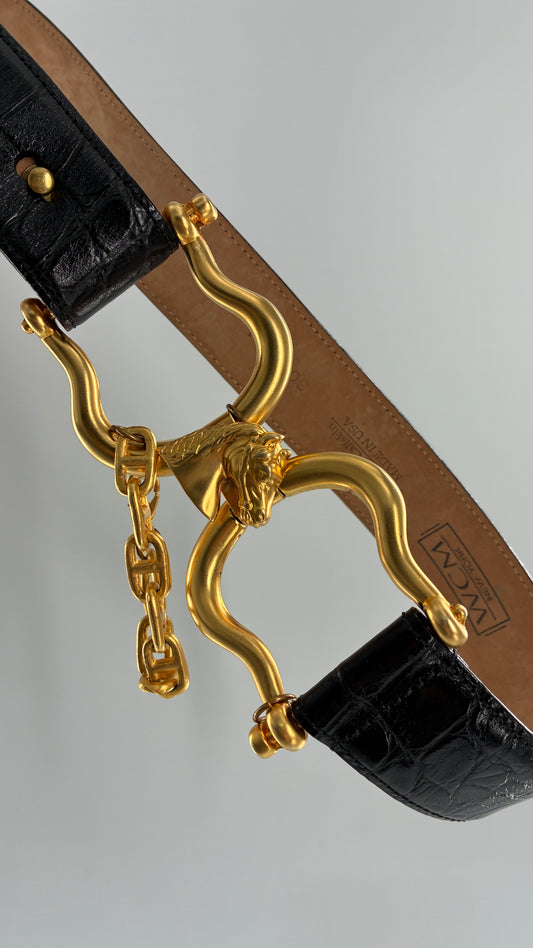 Vintage WCM New York Genuine Calfskin Belt with Golden Sculptural Horse Head Door-Knocker Buckle and Chain Detail (Medium)