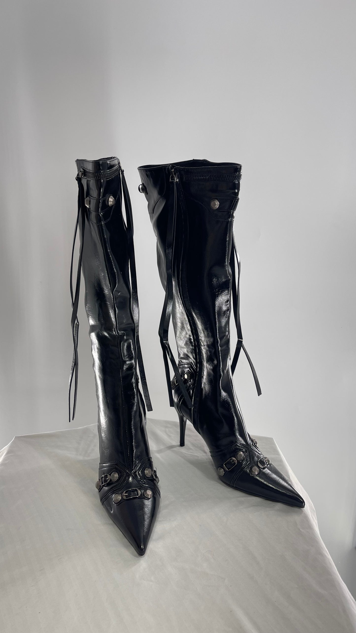 Black Pointed Toe Strappy Heeled Knee High Boots with Metal Hardware Details (10)