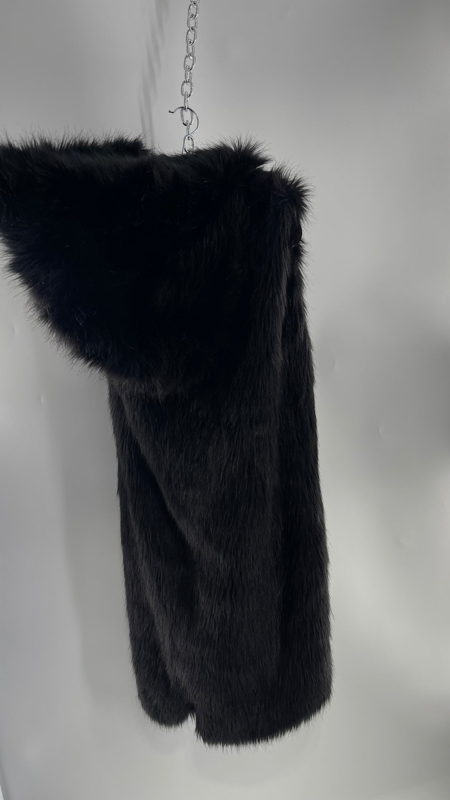 Full Length Black Fuzzy Sleeveless Vest with Oversized Hood (Medium)