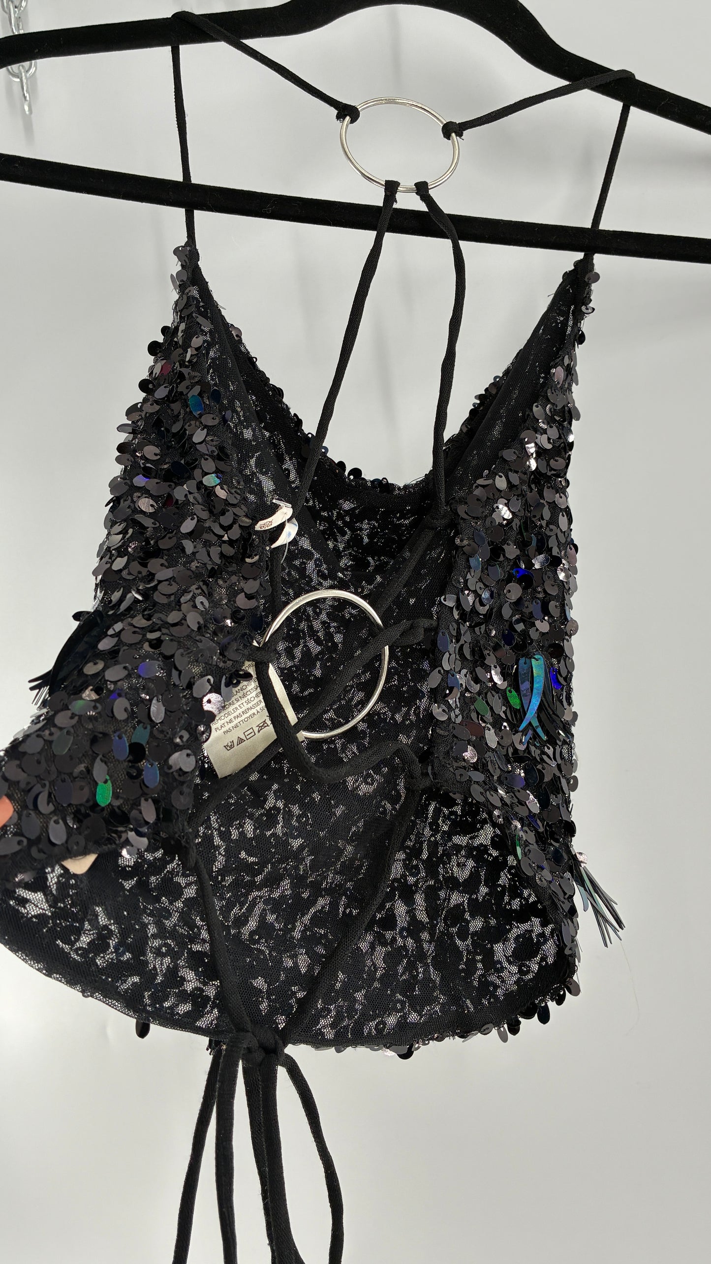 Free People Black Open, Tie Up Back Camisole Covered in Sequins with Silver Hoop Details (XS)
