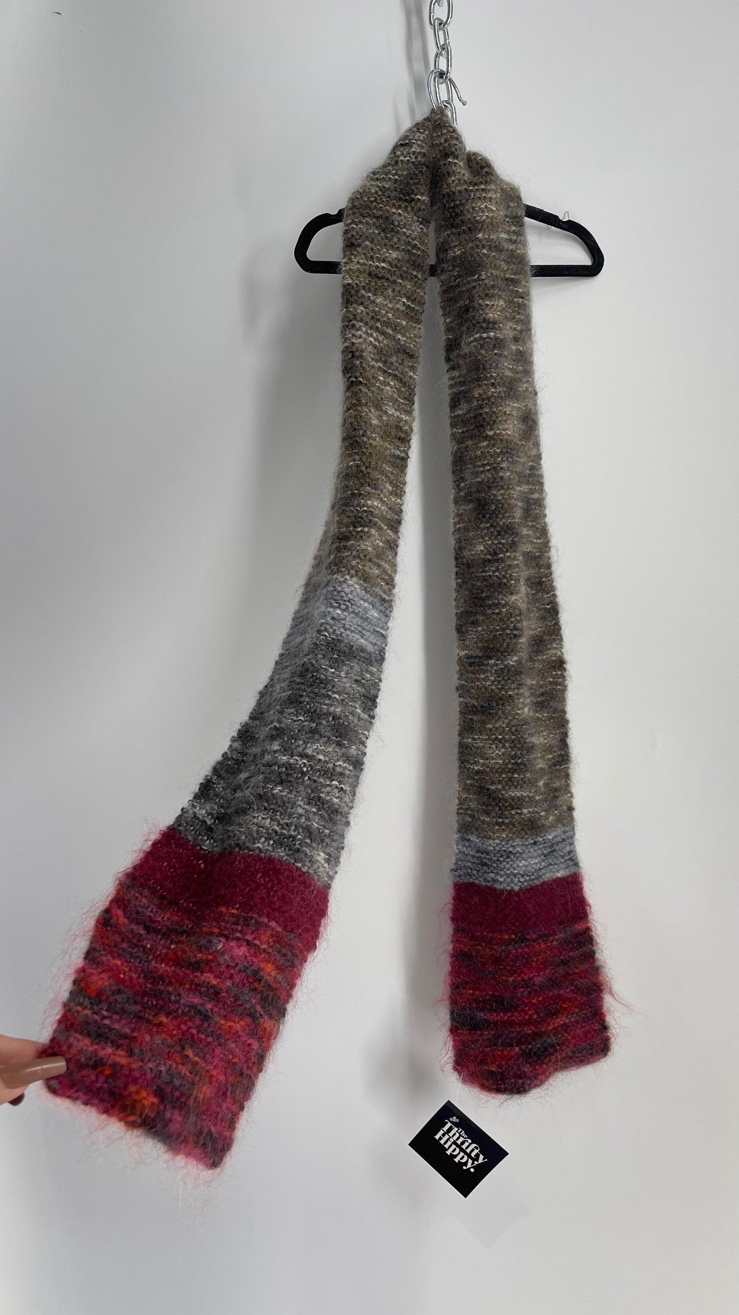 Vintage Hand Knit Grey Fuchsia Skinny Scarf
