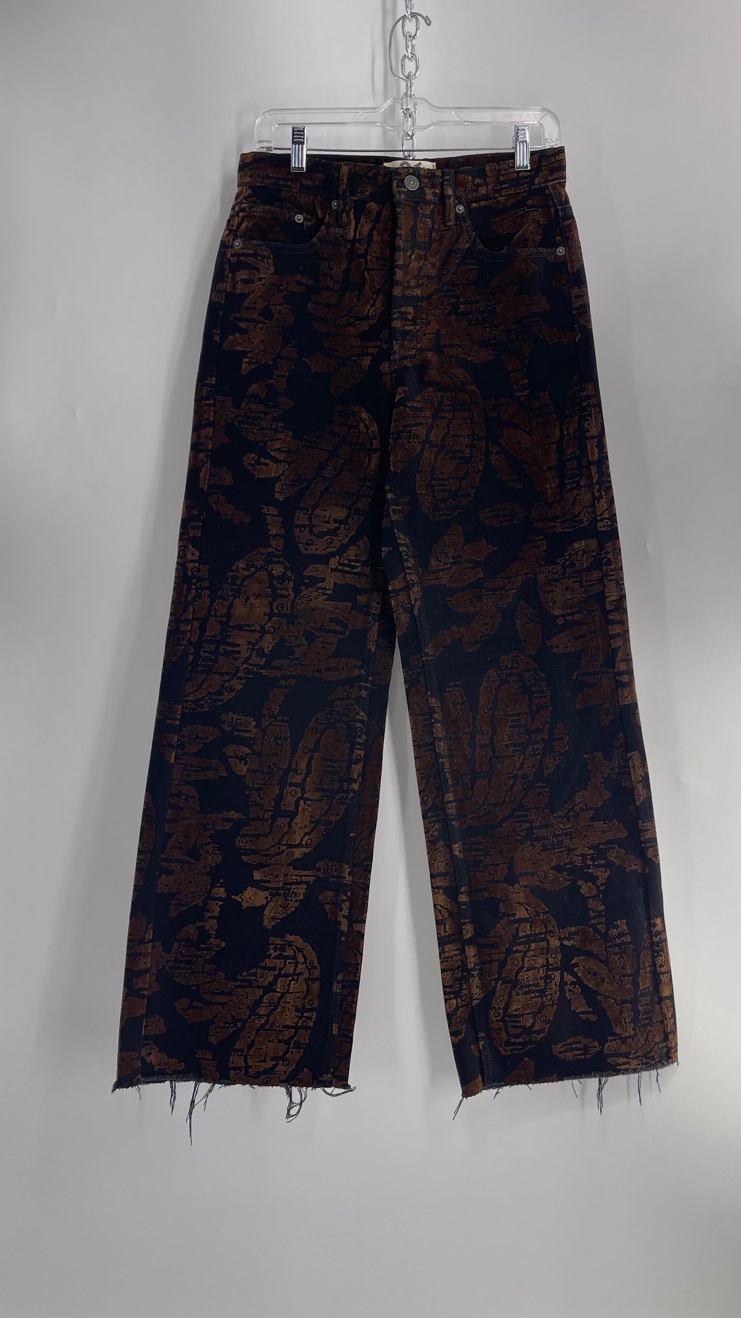 Free People Black/Brown Velvet Texture Graphic Straight Legs with Raw Edge Hem and Tags Attached (28)
