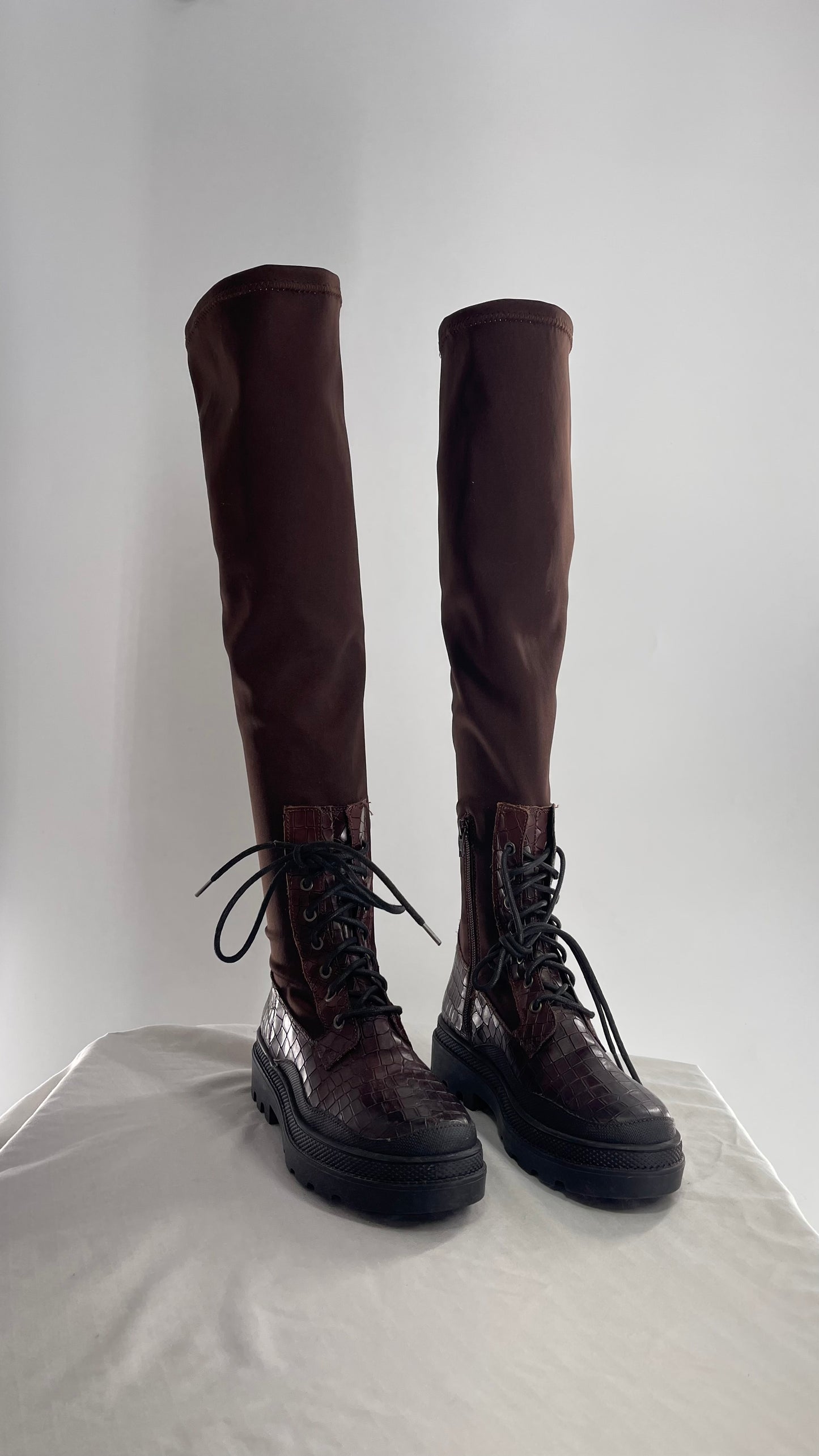 Free People Dark Brown Riding Style Embossed Knee High Platform Boots (37)