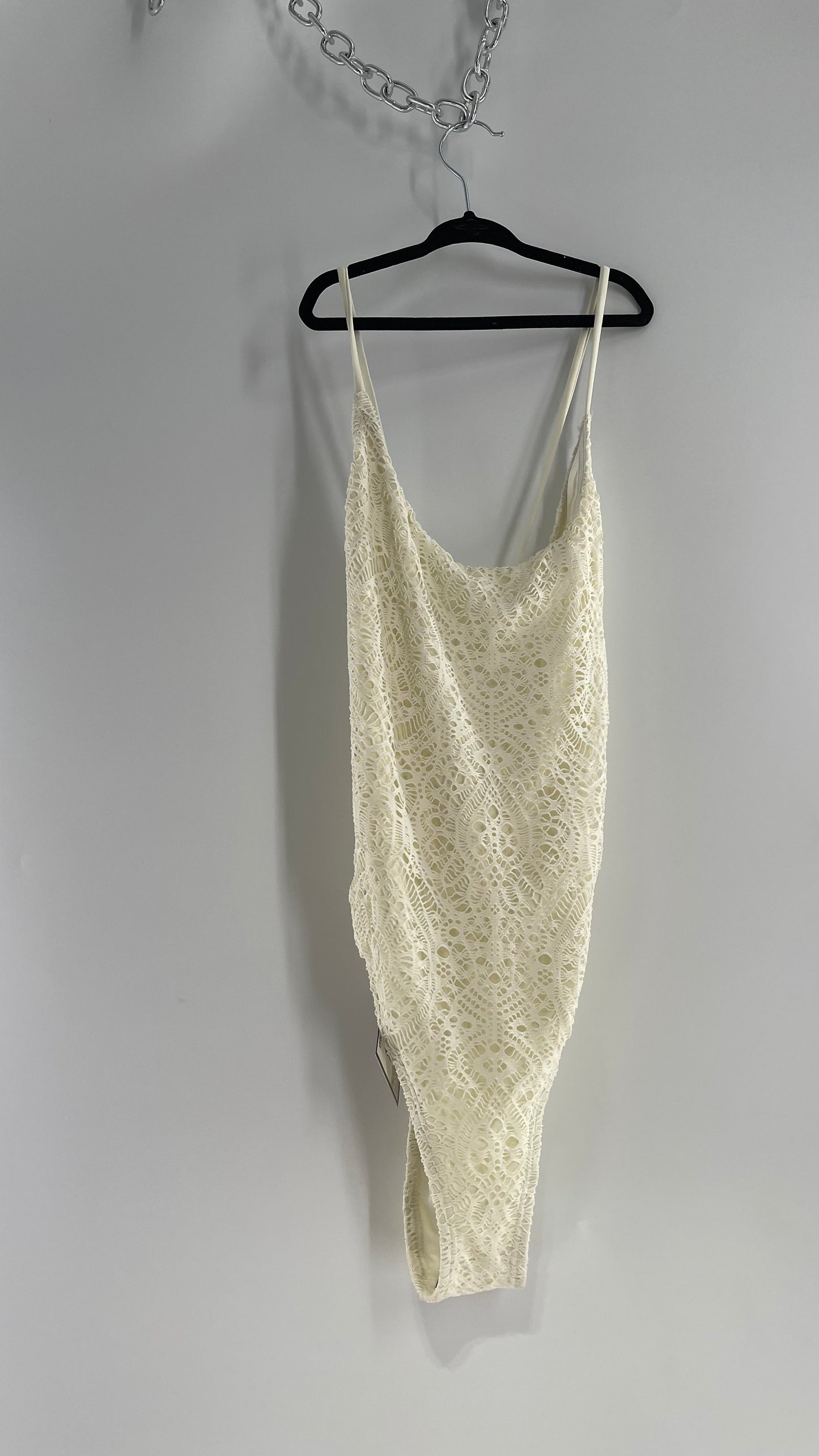 Urban Outfitters White Lace/Crochet Swimsuit with Lace Up Open Back (Medium)