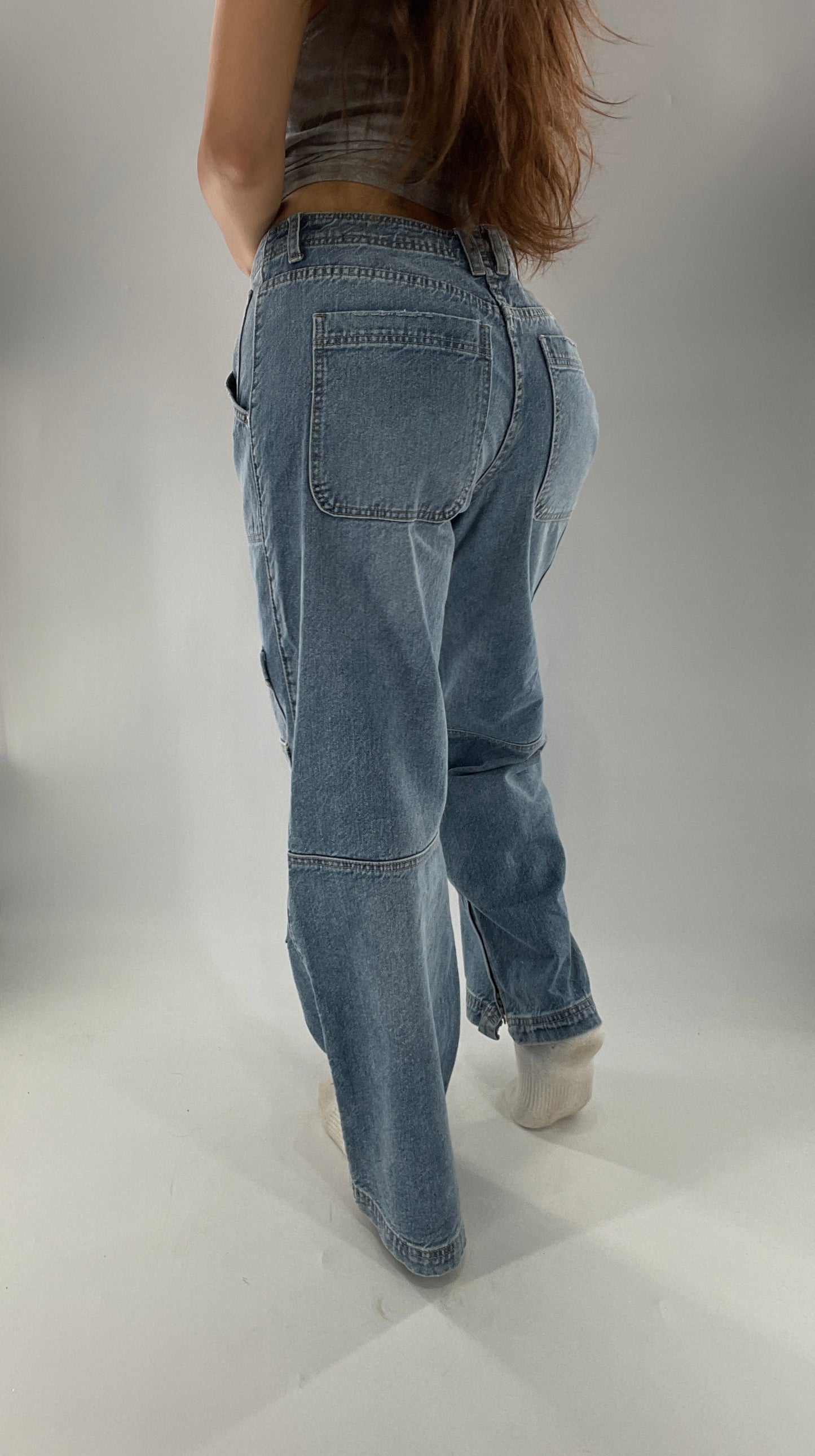 Free People Wide Leg Cargo Jeans Covered in Pockets, Zippers and stitching (27)