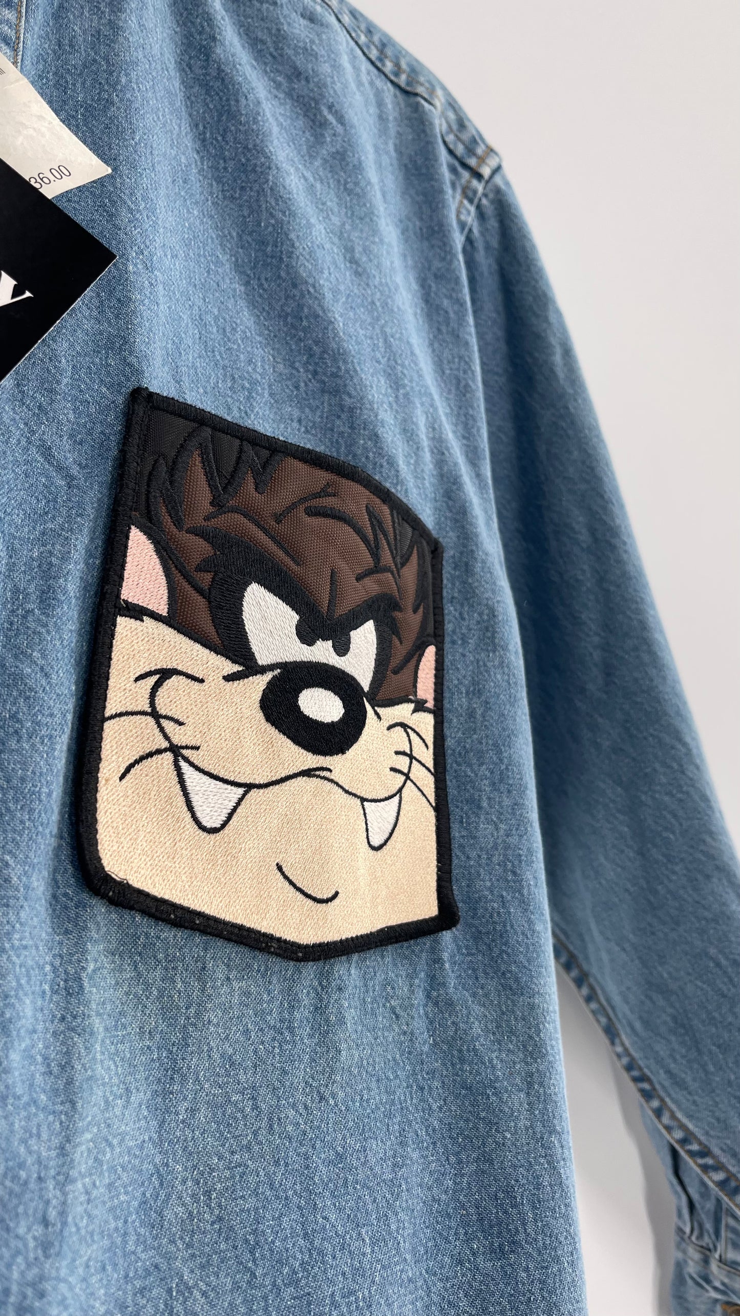 Deadstock Vintage Warner Bros Looney Tunes Denim Longsleeve with Embroidered Taz Pocket (XS/S)