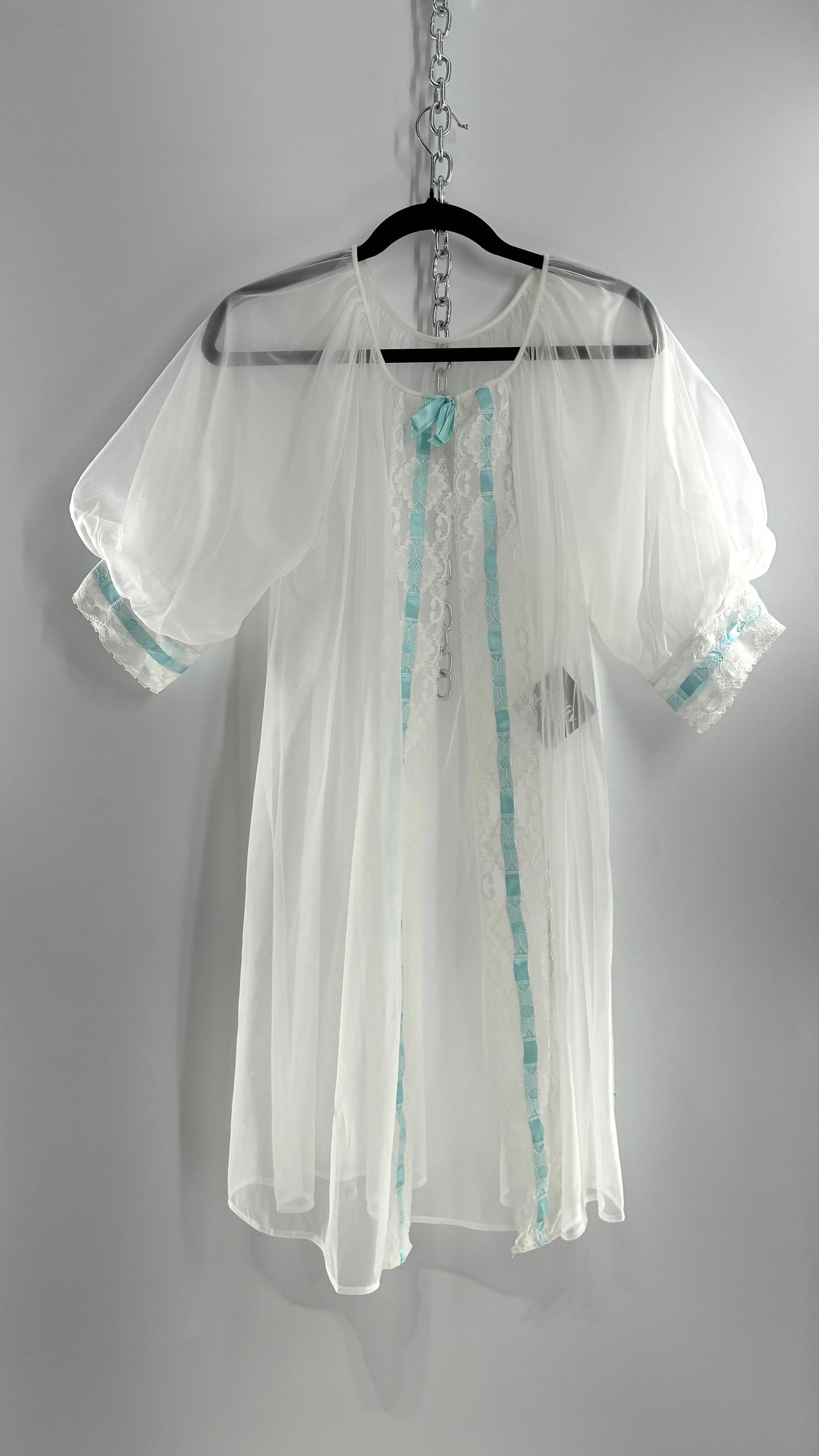 Vintage White Tulle Dress Cape with Oversized Puff Sleeves, Lined with Lace and Baby Blue Ribbon Trim (Medium)