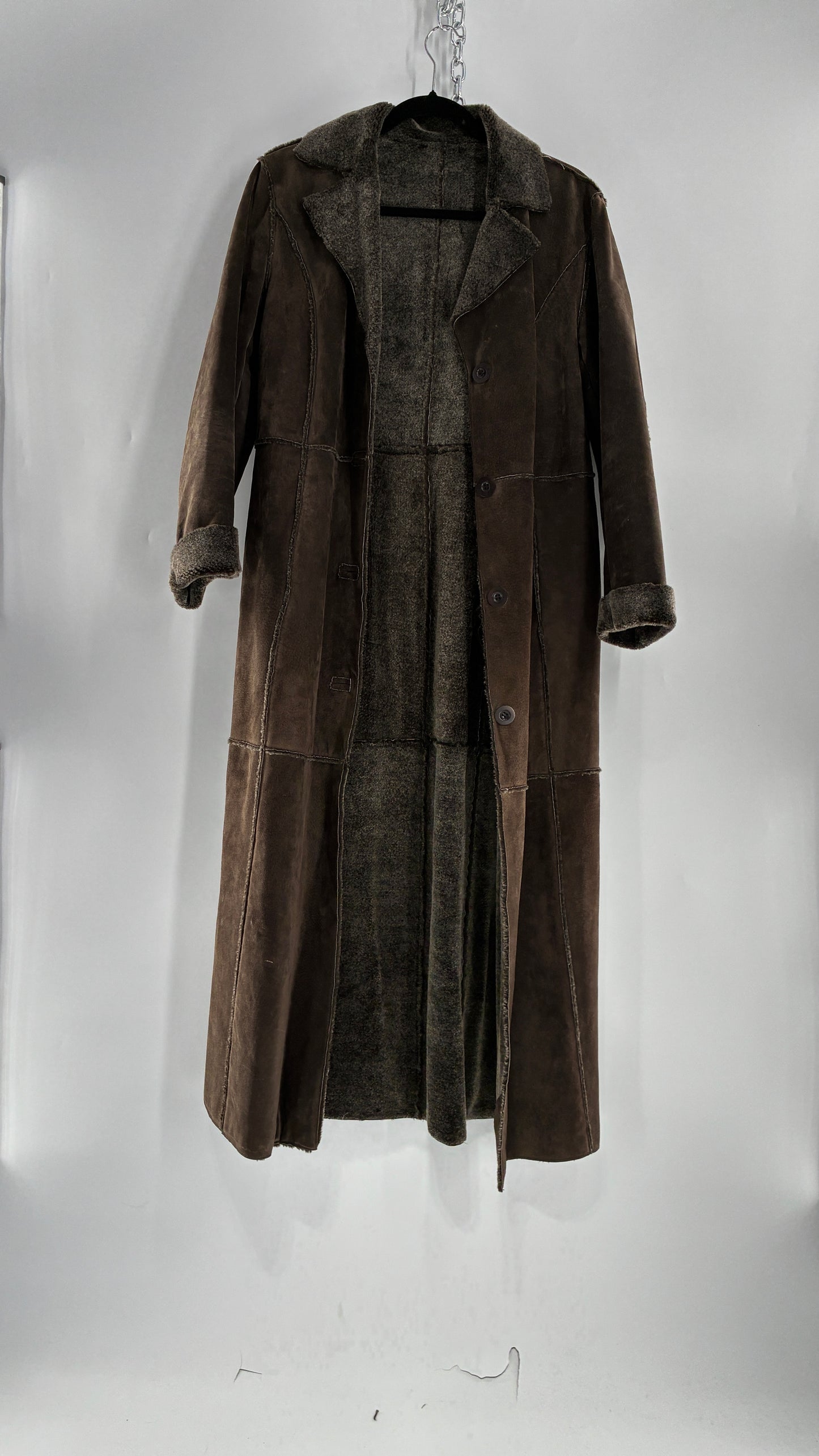 Vintage WINLIT Brown Full Length Paneled Suede Leather Coat (Small)