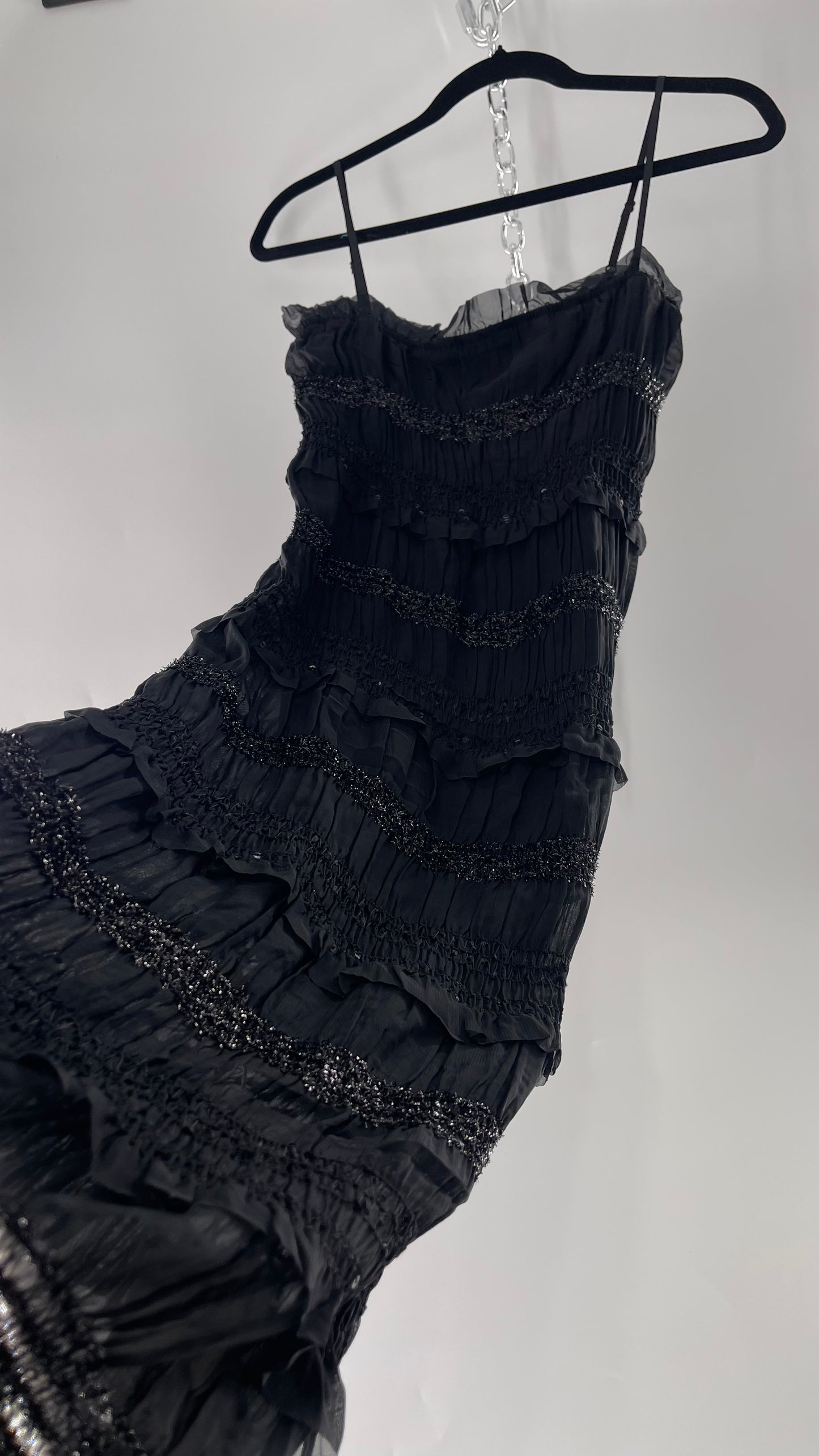 The Commense Black Sheer Crimped Midi Dress with Stripes of Tinsel and Ruffle with Tags Attached (Medium)
