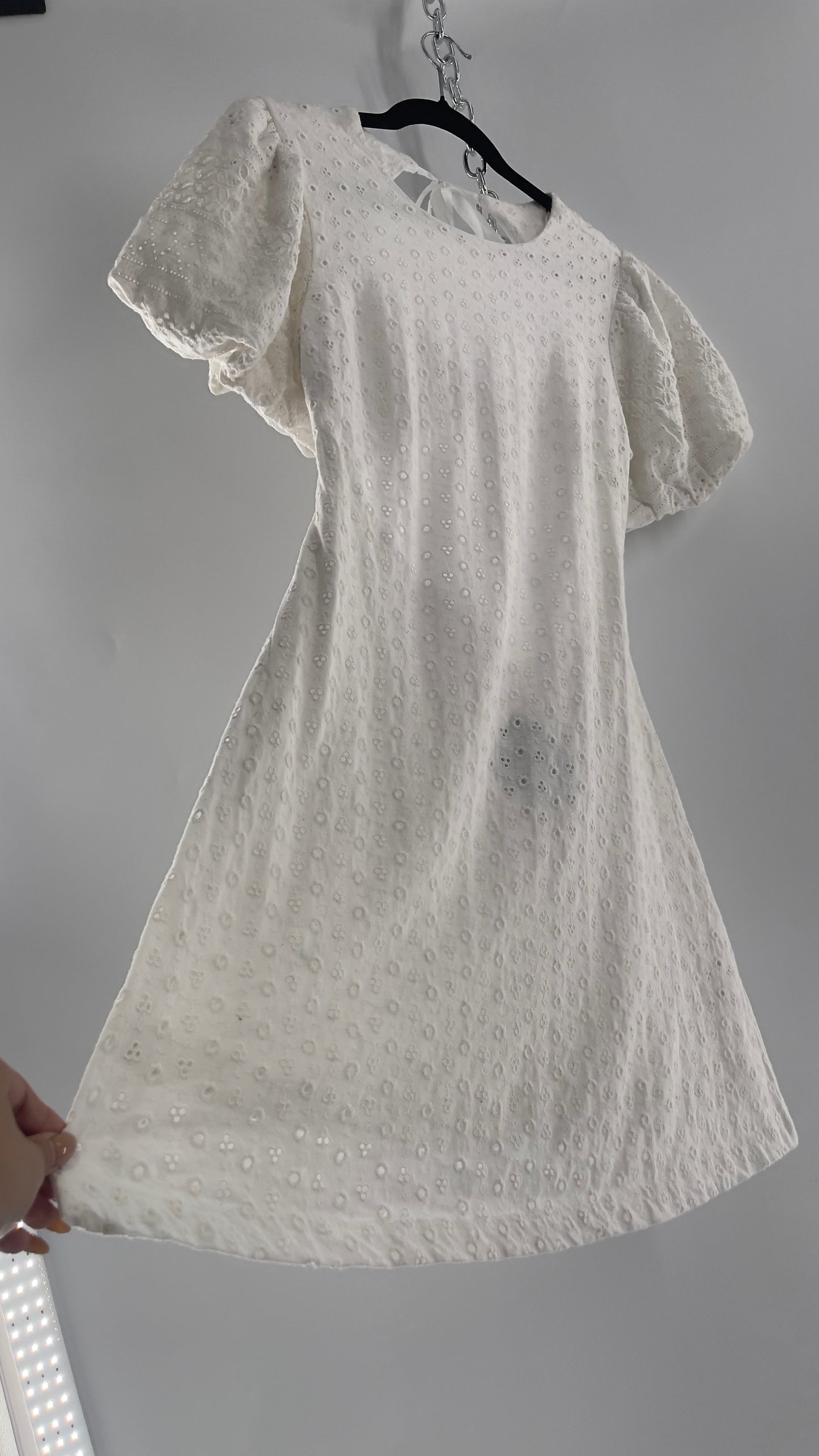 Free People White Eyelet Mini Dress with Puff Sleeve and Open Back (XS)