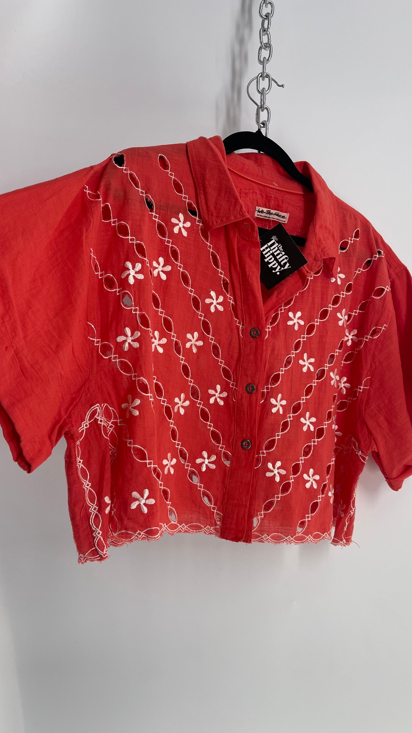 Free People Coral Top with White Eyelet Lace Embroidery (XS)