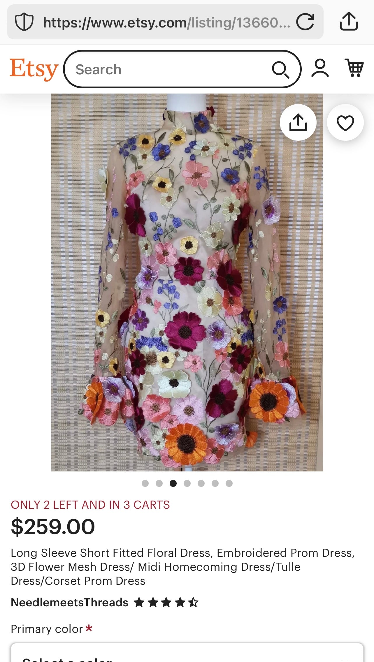 Mesh Backless Mini Dress with Halter Neckline covered in 3D Colorful Embroidered Flower Appliqués (Medium)