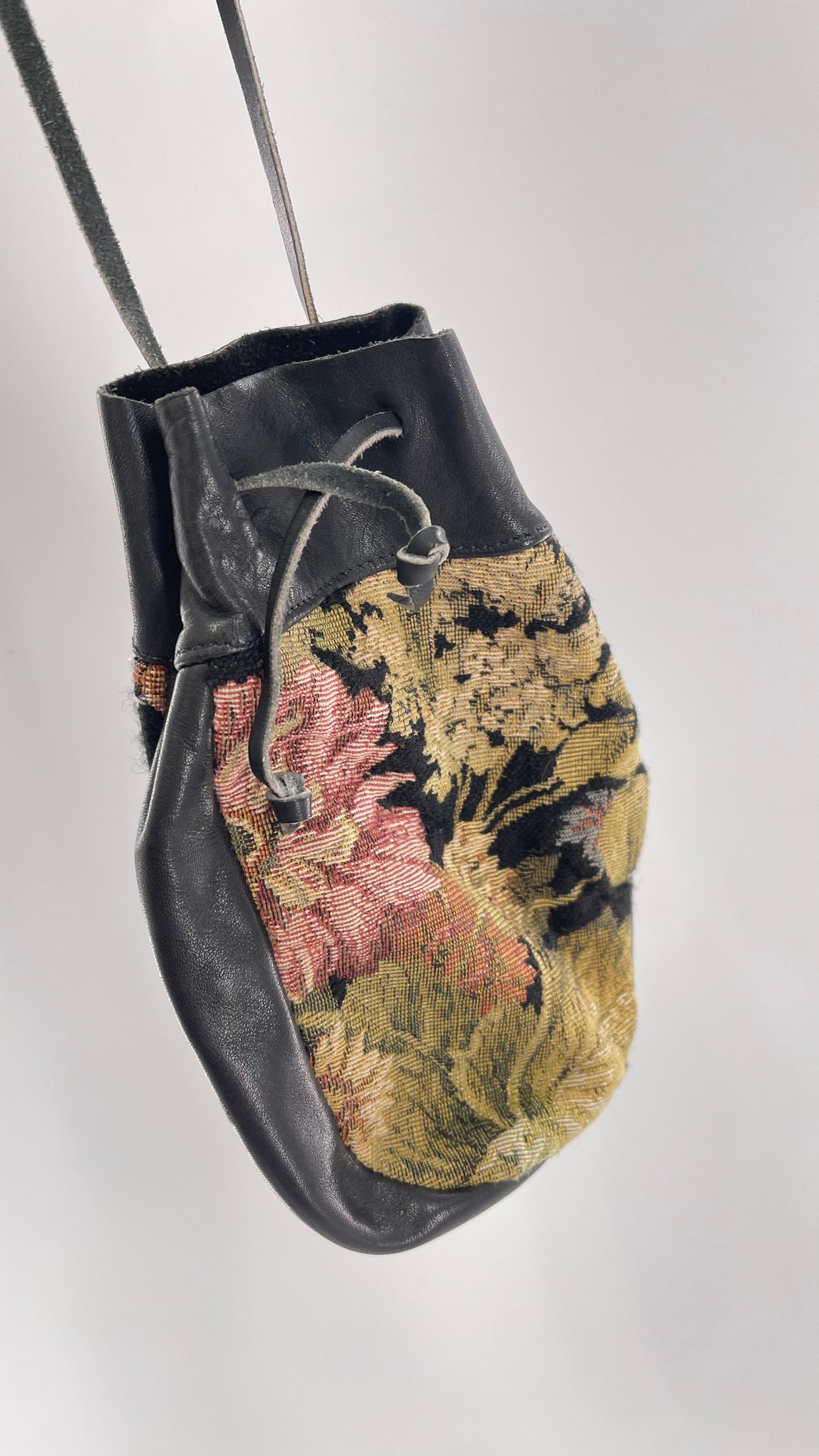Vintage Floral Tapestry and Black Genuine Leather Pouch Satchel Purse
