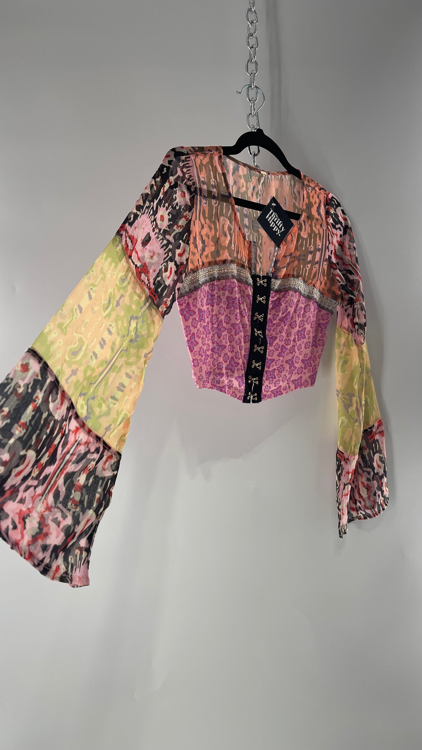 Free People Walk that Walk Mixed Pattern Sheer Bell Sleeve Colorful Crop (XS)