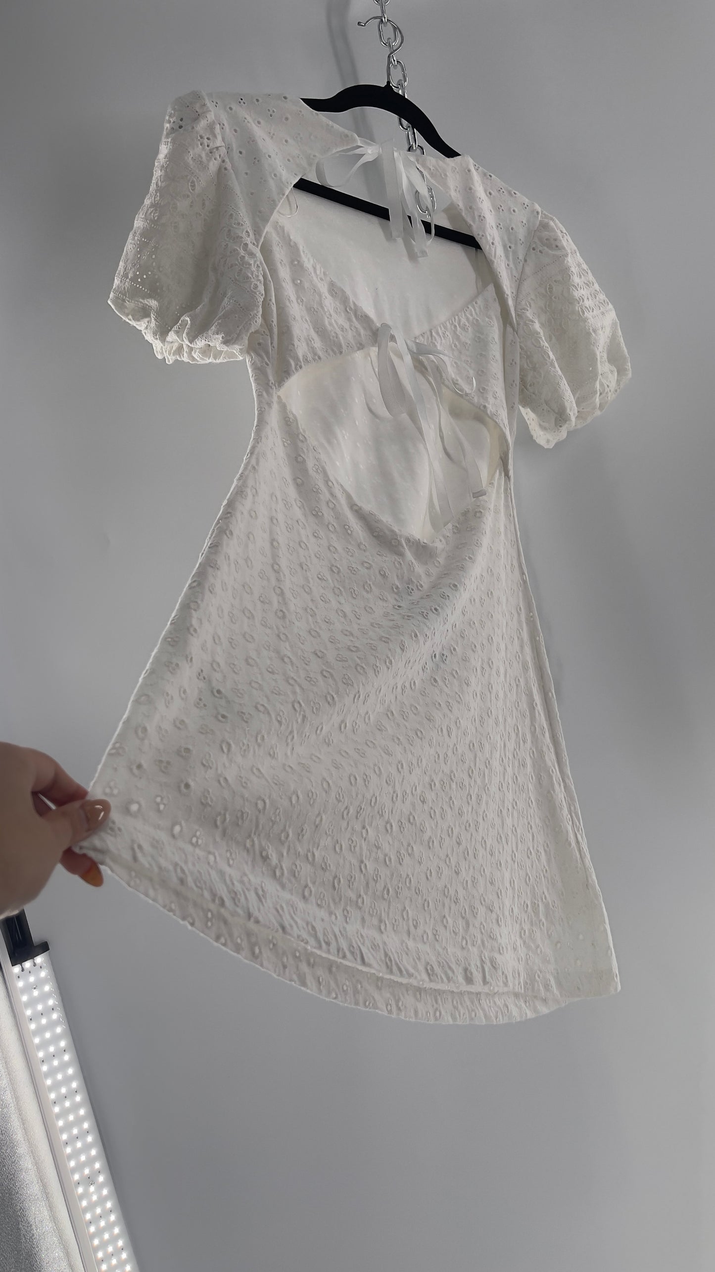 Free People White Eyelet Mini Dress with Puff Sleeve and Open Back (XS)
