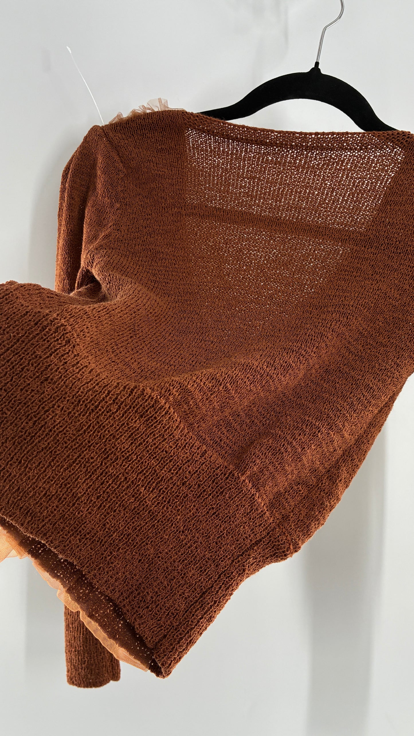 CHICWISH Brown Heavy Knit Balloon Sleeve, Tulle Ruched Details, and Tags Attached (Small)