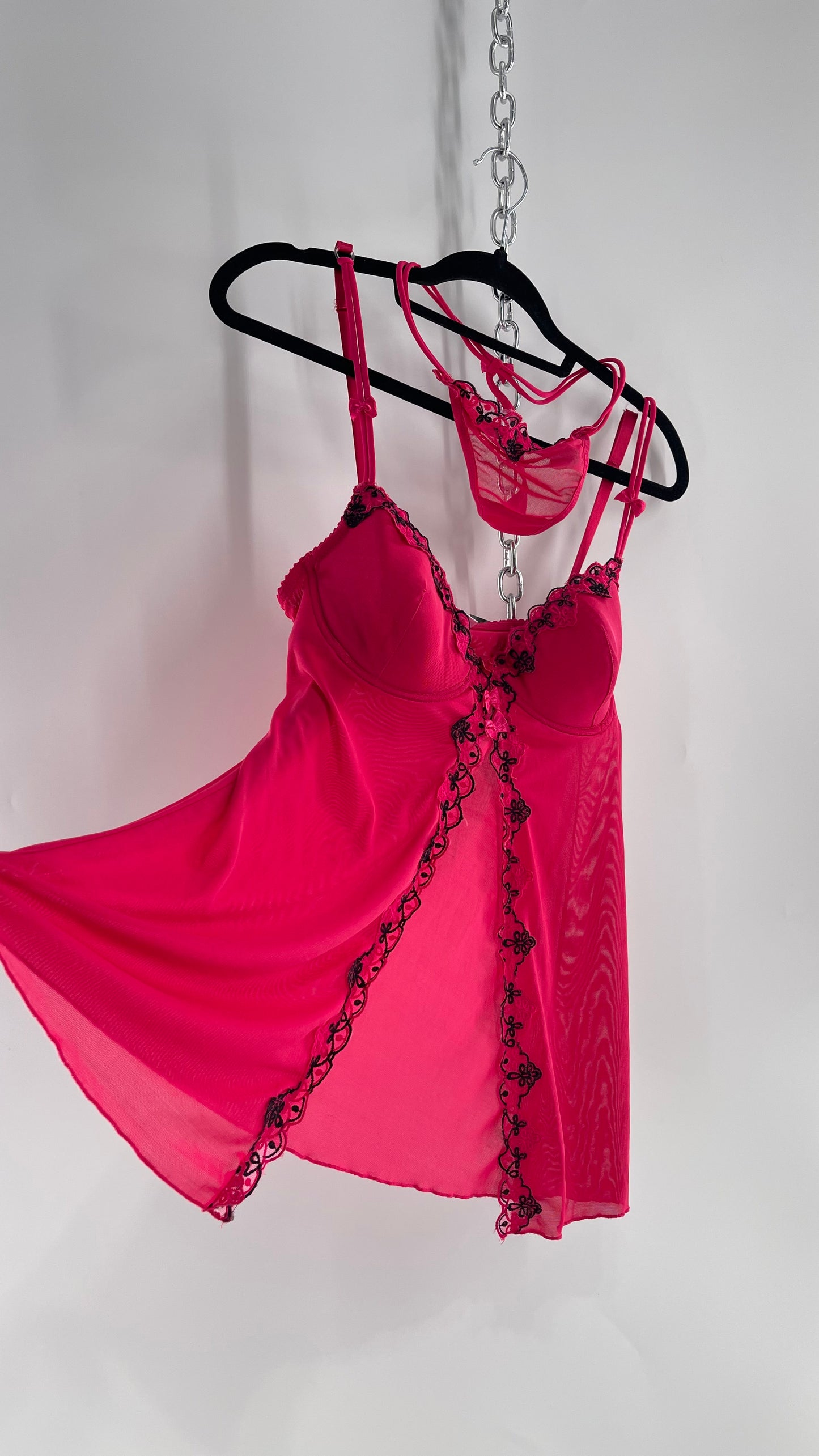 Vintage HOT Hot Pink Vented Babydoll Top and Thong Set with Black Embroidery and Bows (Medium)