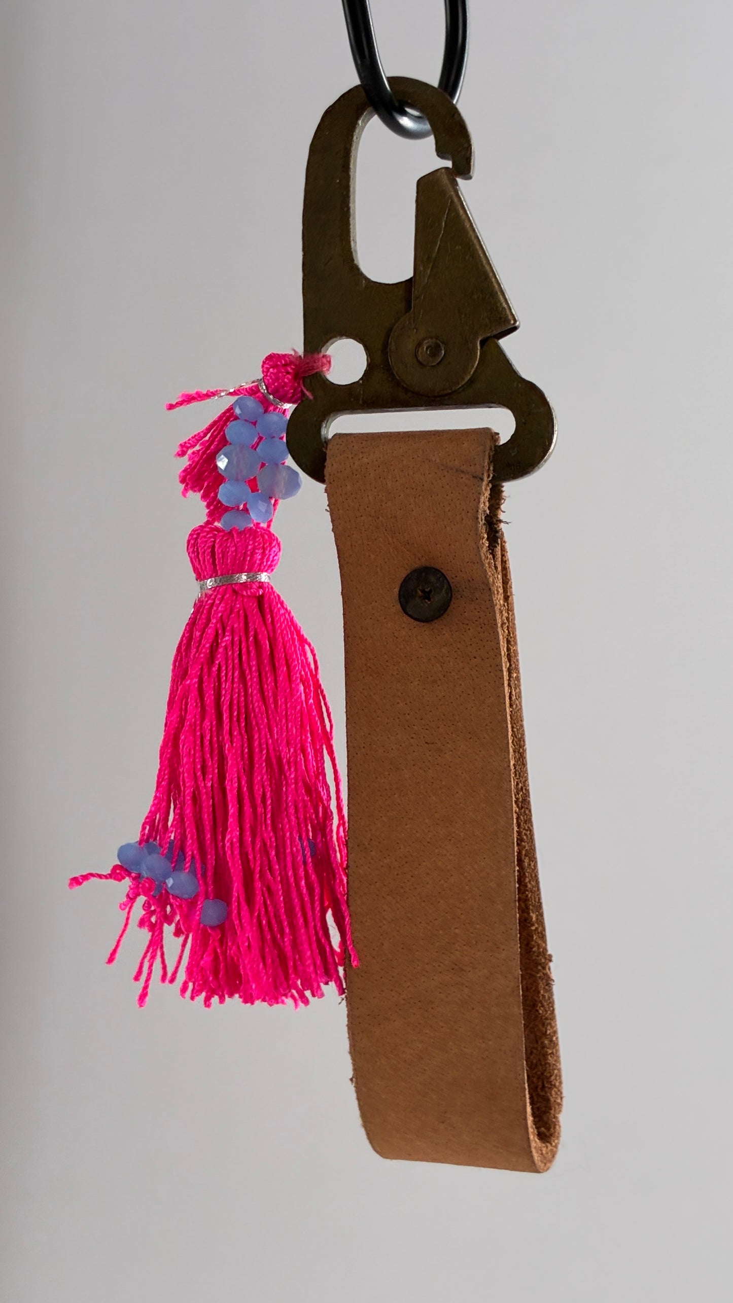 Free People Leather Wristlet Keychain with Neon Pink Beaded Tassel