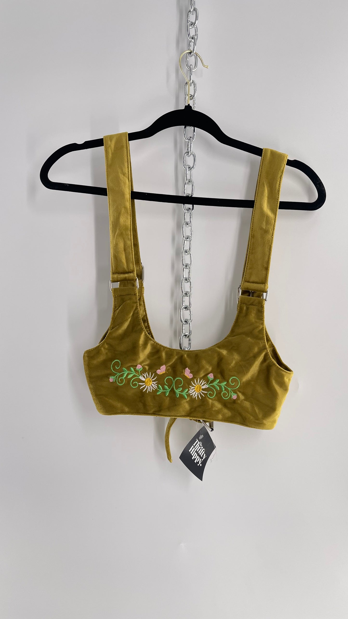 Urban Outfitters Greenish Gold Velour Body Harness with Embroidered Daisies and Butterflies (Large)