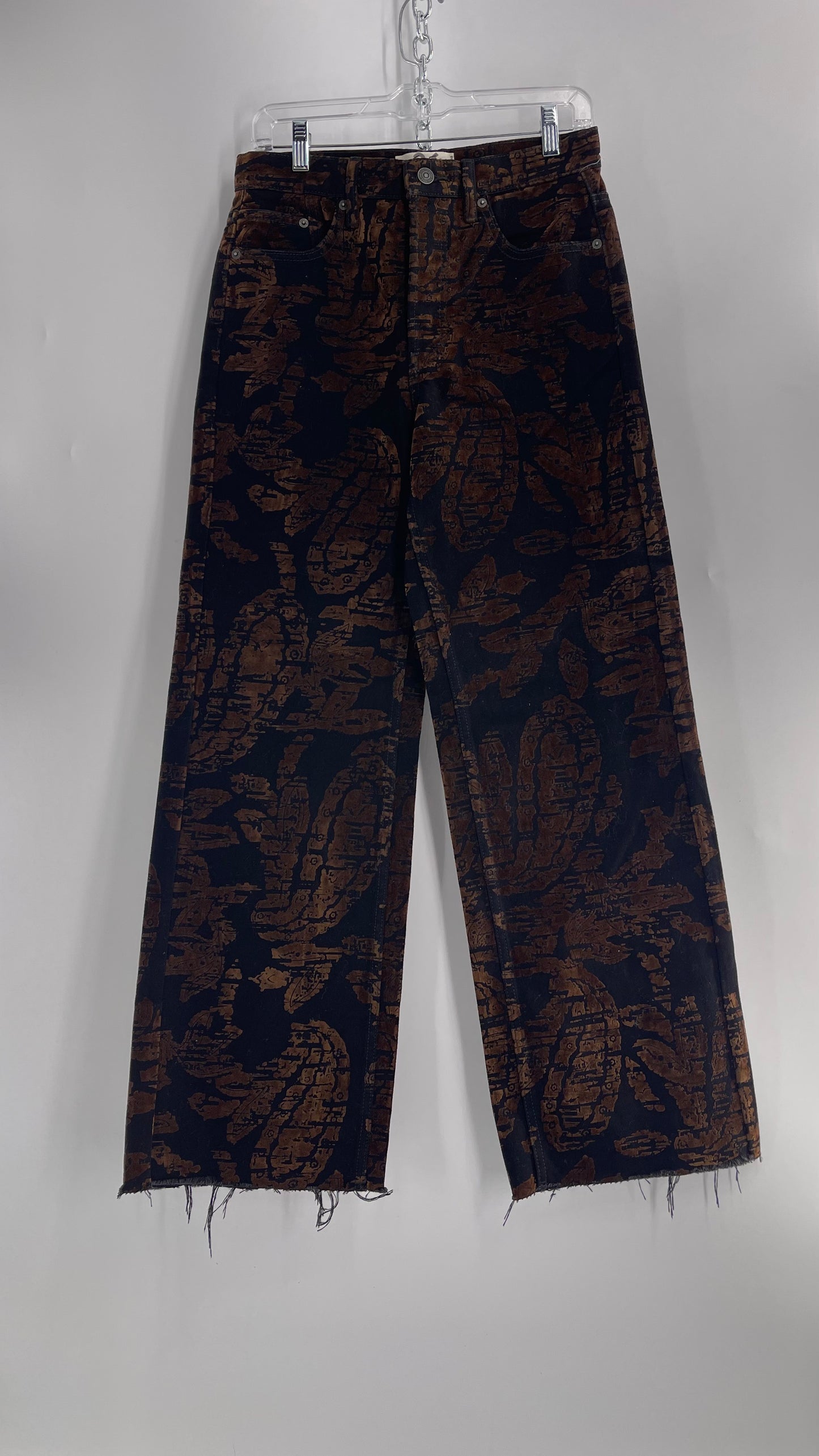 Free People Black/Brown Velvet Texture Graphic Straight Legs with Raw Edge Hem and Tags Attached (28)