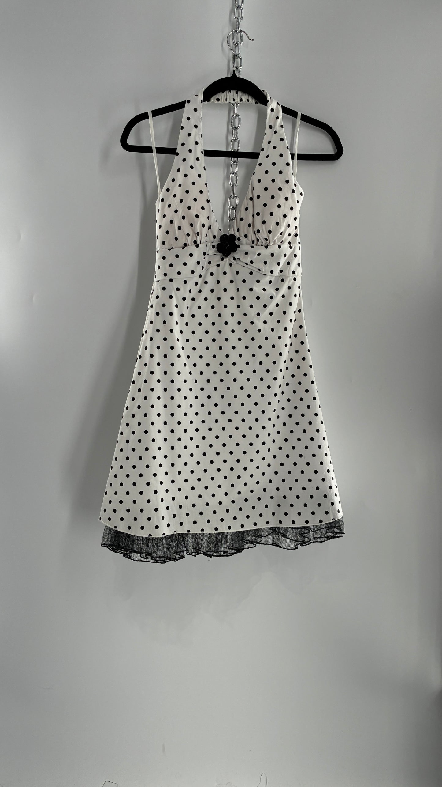Deadstock Vintage Ruby Rox Retro Style White and Black Polka Dotted Mini Dress with Tulle Trim (7)