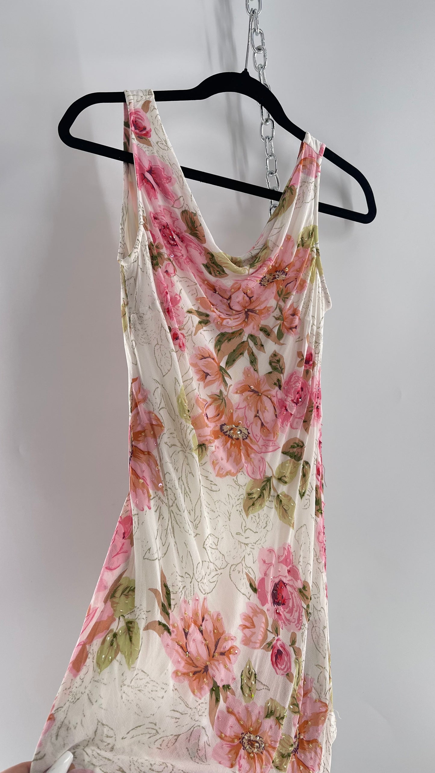 Vintage Eva Blue Pink Floral Draped Neck Sleeveless MIDI with Beading (10)