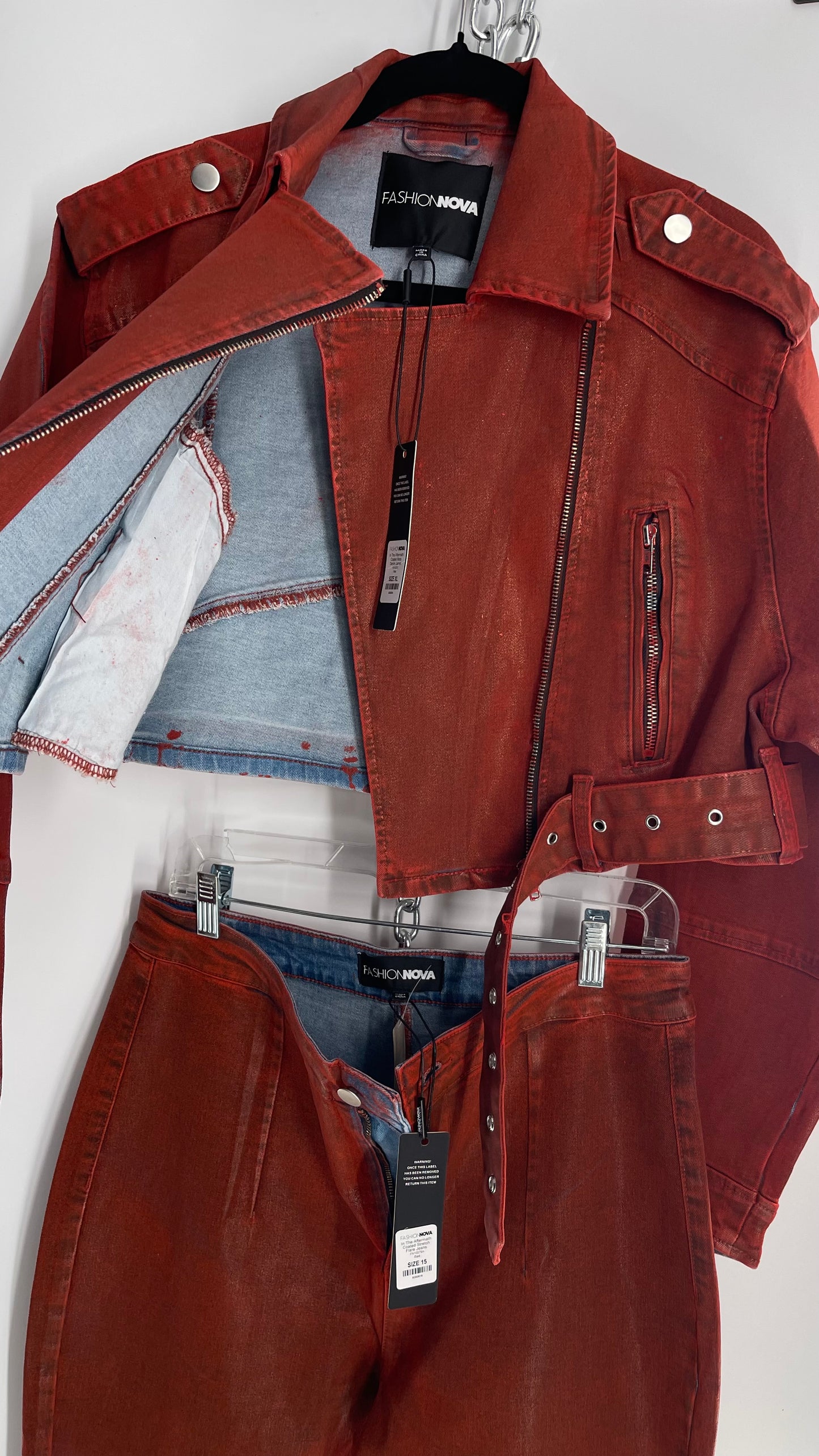 Fashion Nova Red Waxed Denim Cropped Motorcycle Jacket with Flared Jean Set and Tags Attached (XL/15)