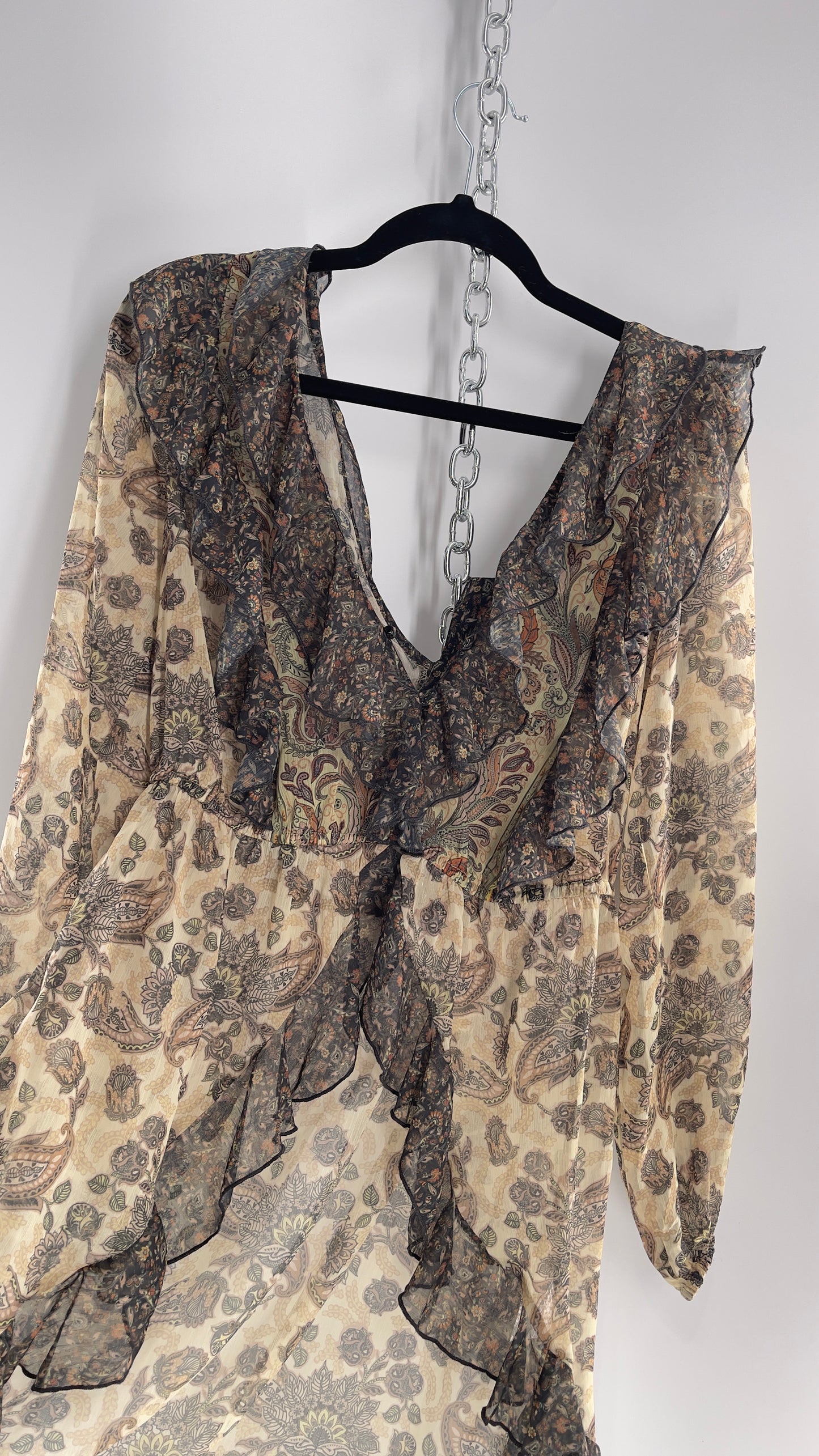 Free People Let Me Be Paisley Dual Toned High Low Sweeping Cape with Ruffled Bust and Hemline with Tags Attached (Small)