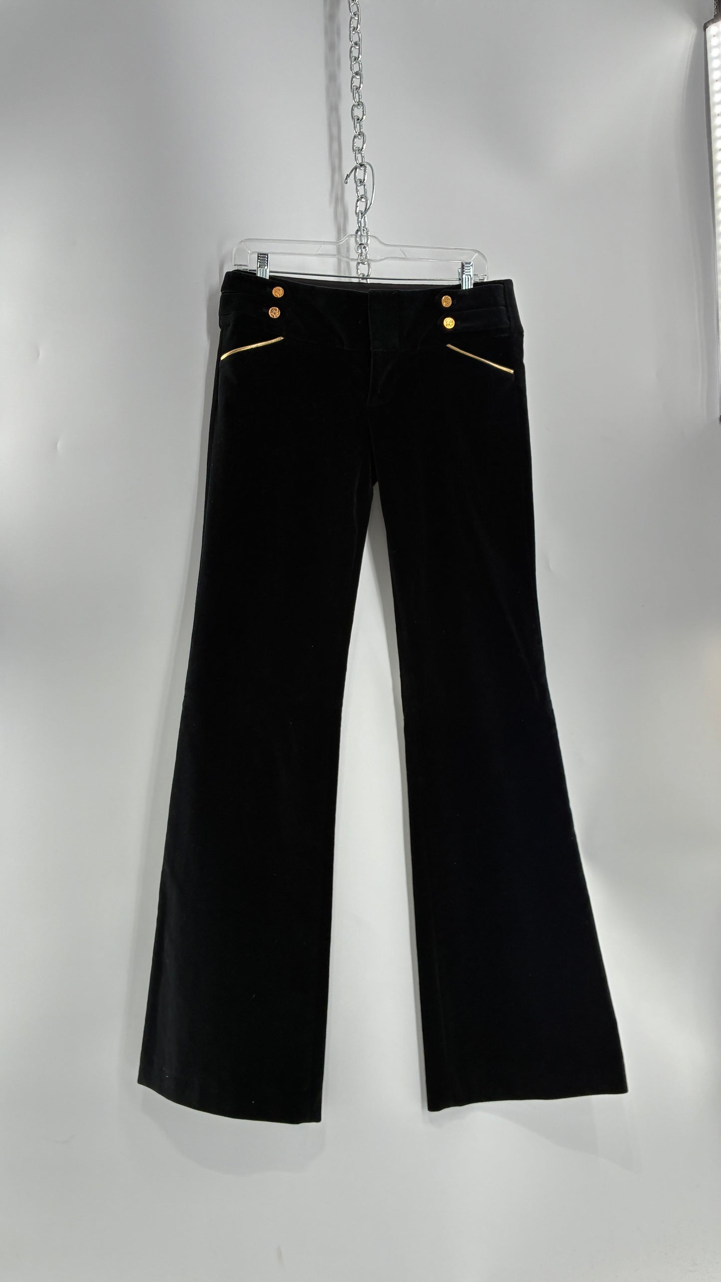 Vintage Alice + Olivia Thick Black Velour Low Rise Kickflare Pants with Thick Waistband with Gold Coin Detailing (6)