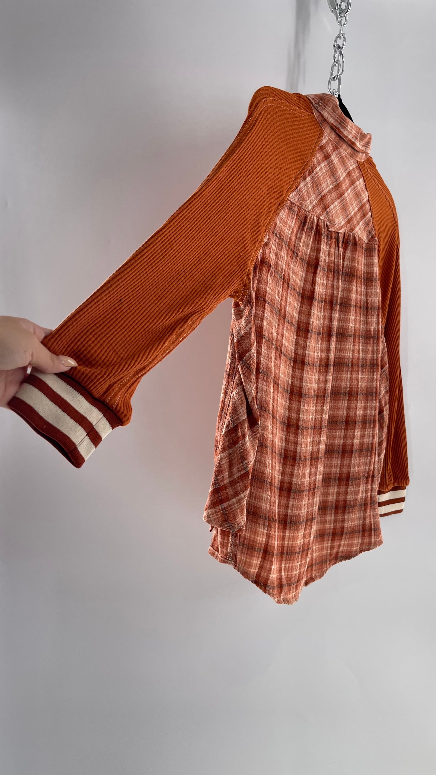 BDG Burnt Orange Flannel with Waffle Knit Sleeves (XS)