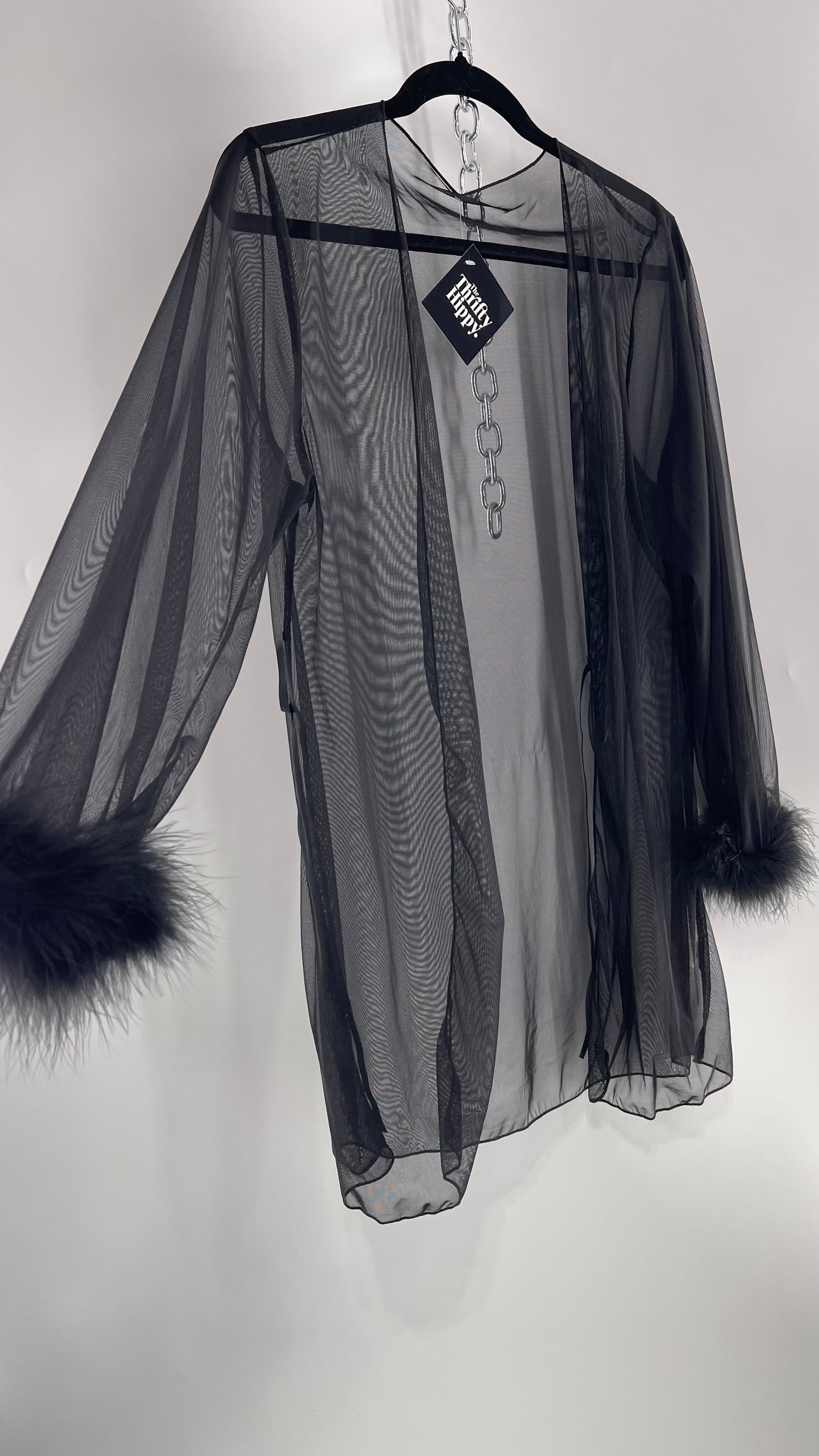 Black Mesh Long Sleeve Toss On with Feather Cuffs (Medium)