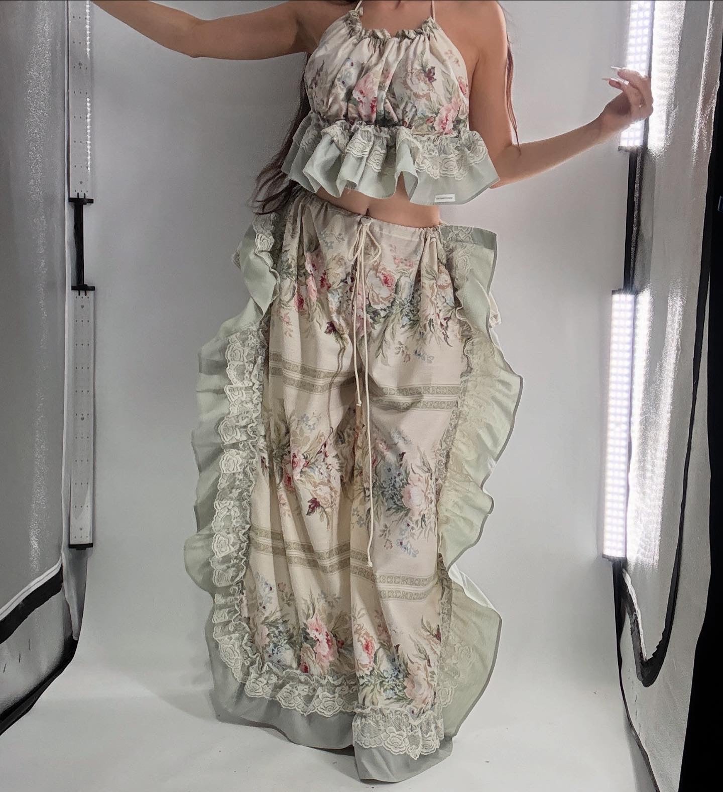 Handmade Vintage Muted Florals Two Piece Set with Adjustable Waist and Bust Lines (XS-XL)