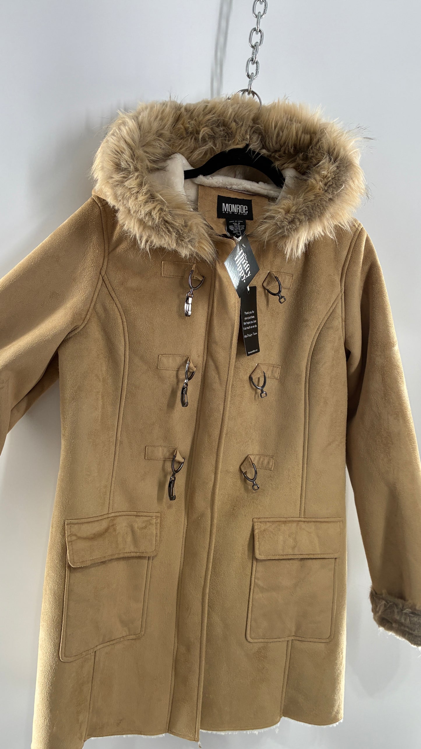 Deadstock Vintage MONROE AND MAIN Vegan Suede Coat with Fur Cuffs and Hood, Tags Attached (Medium)