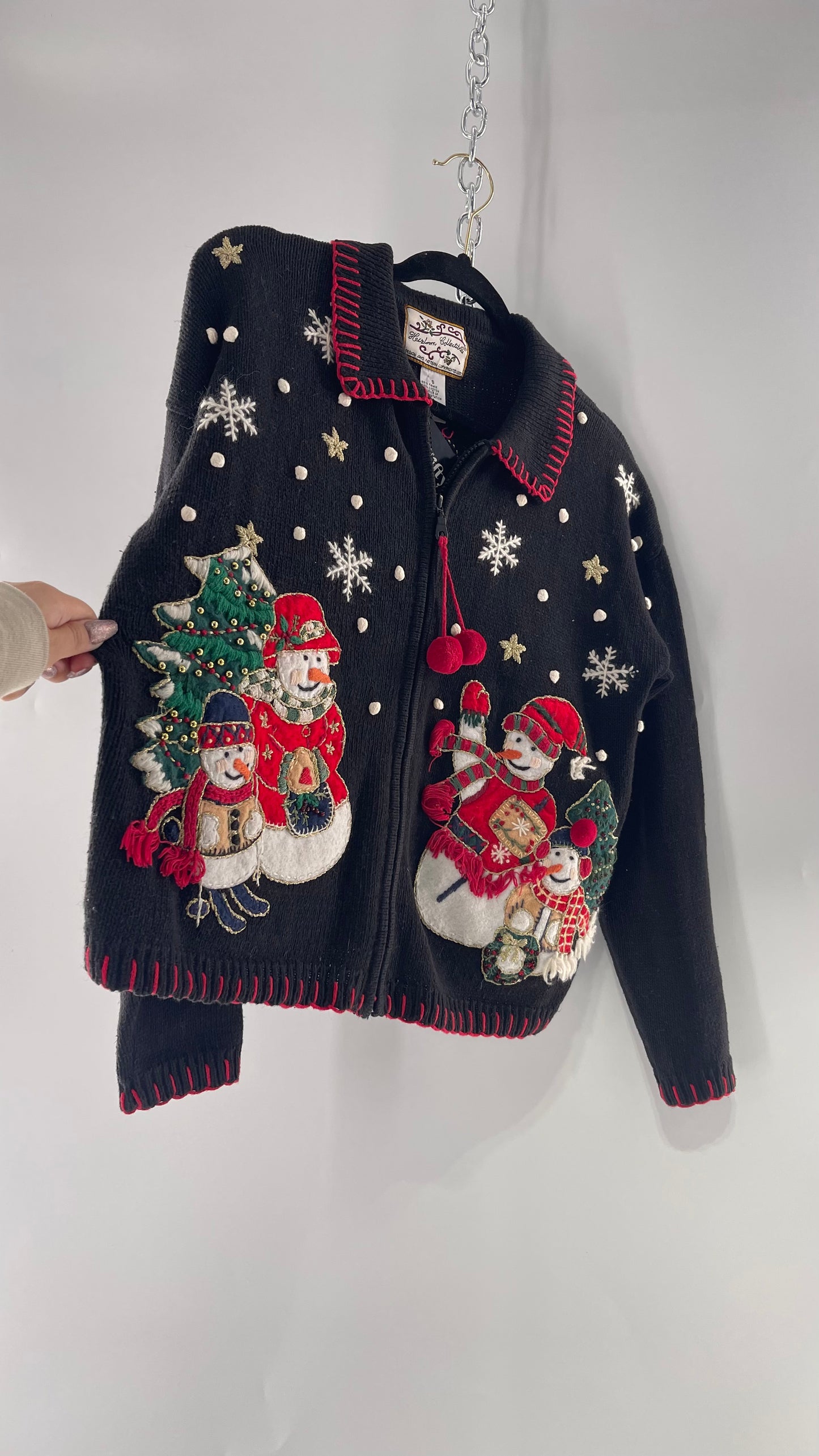 Vintage Reworked Urban Outfitters Heirloom Christmas Cardigan with Festive Snowmen Embroidery, Snowflakes, Christmas Tree and PomPom Zipper Detail (S)
