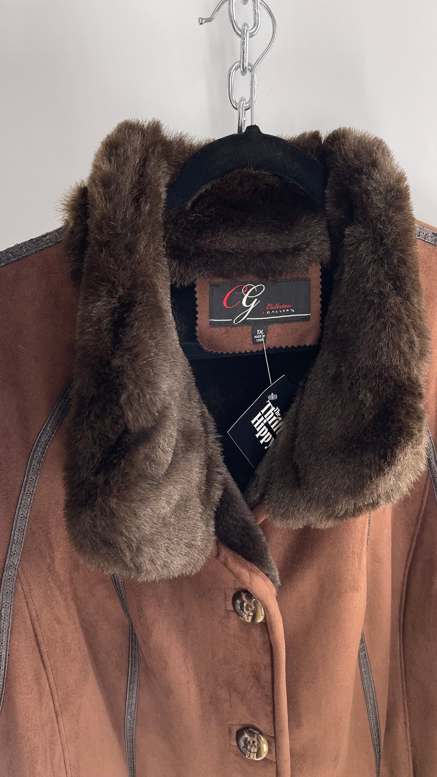 Vintage CG Collection Brown Coat with Faux Leather Piping and Faux Fur Cuffs and Collar (C)(XL)