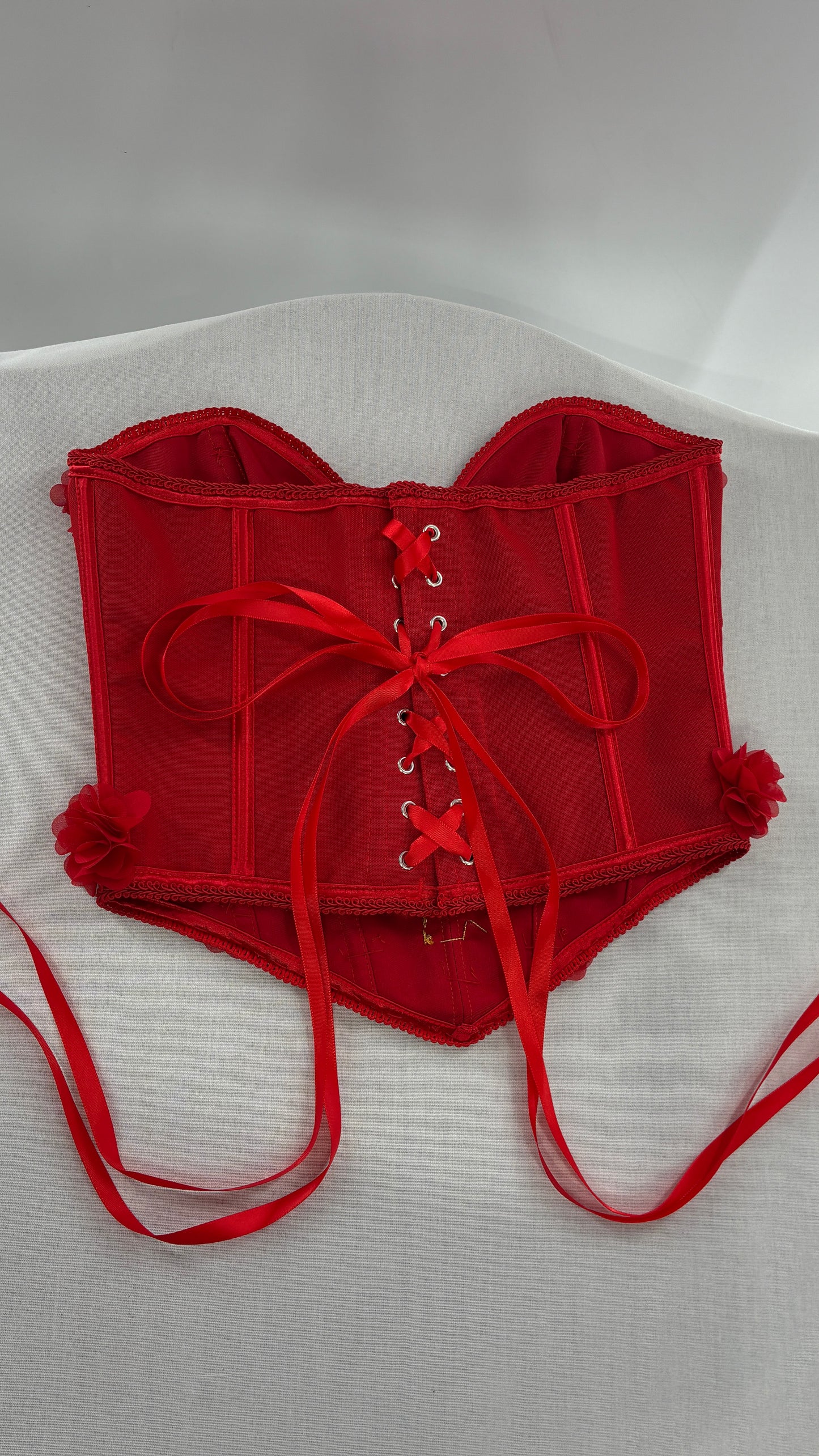 Red Handmade Corset with Rosette Appliqués and Sequin Heart Design (Small)