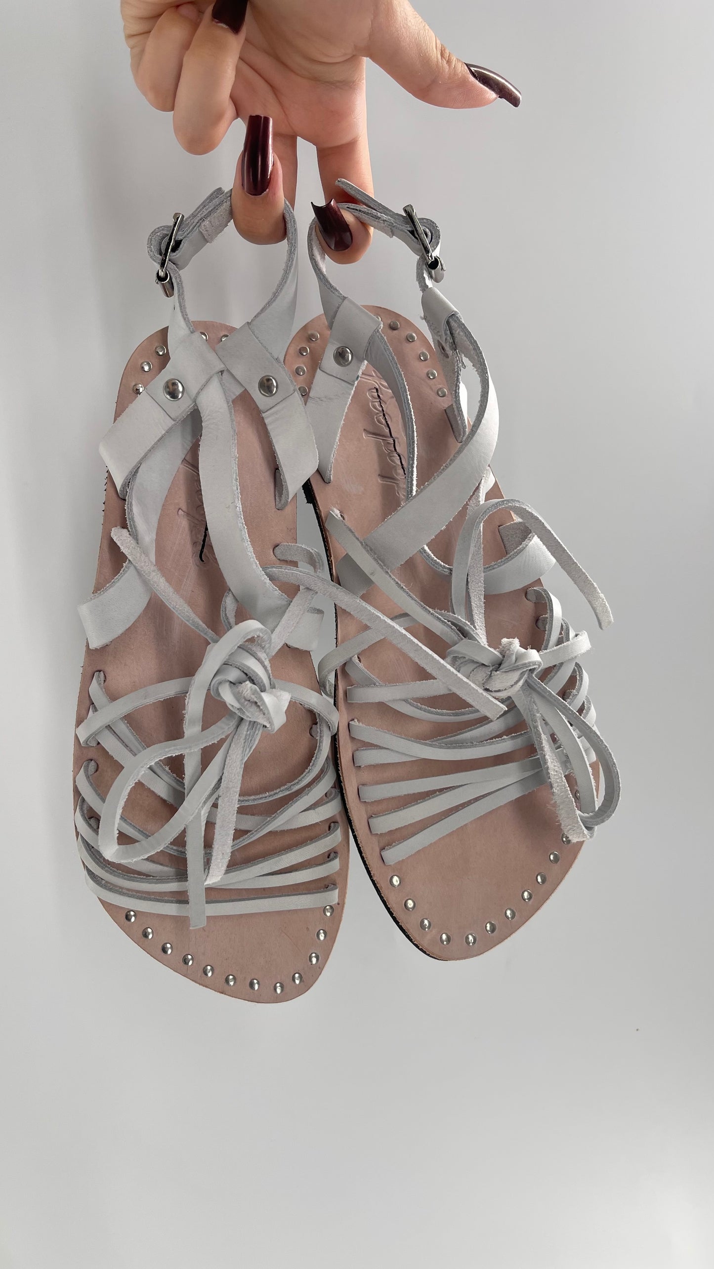 Free People Light Gray Willow Wrap Sandals with Studs (37)
