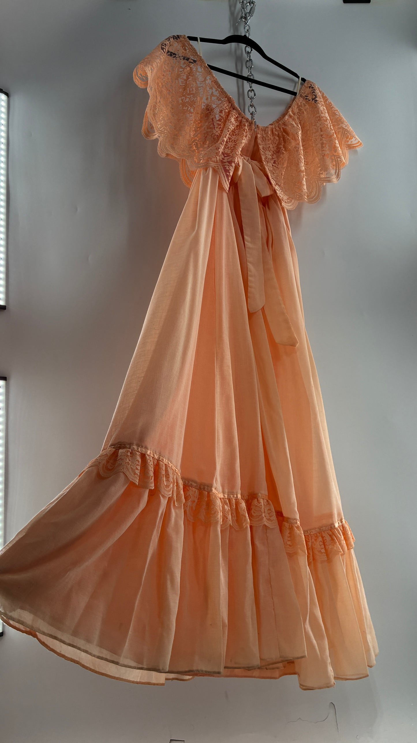 Vintage 1960s Ruffled Off the Shoulder Peach Full Length Voluminous Gown with Tie Back (9/10)