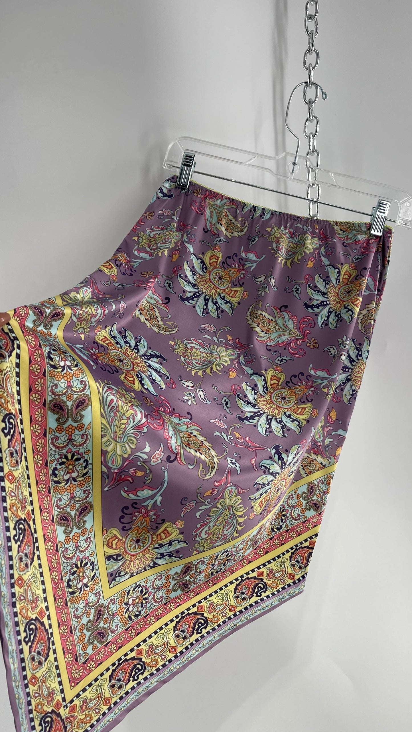 Urban Outfitters Lavender Satin Paisley Handkerchief Hem Skirt with Light Green Ribbon Waistline (Small)