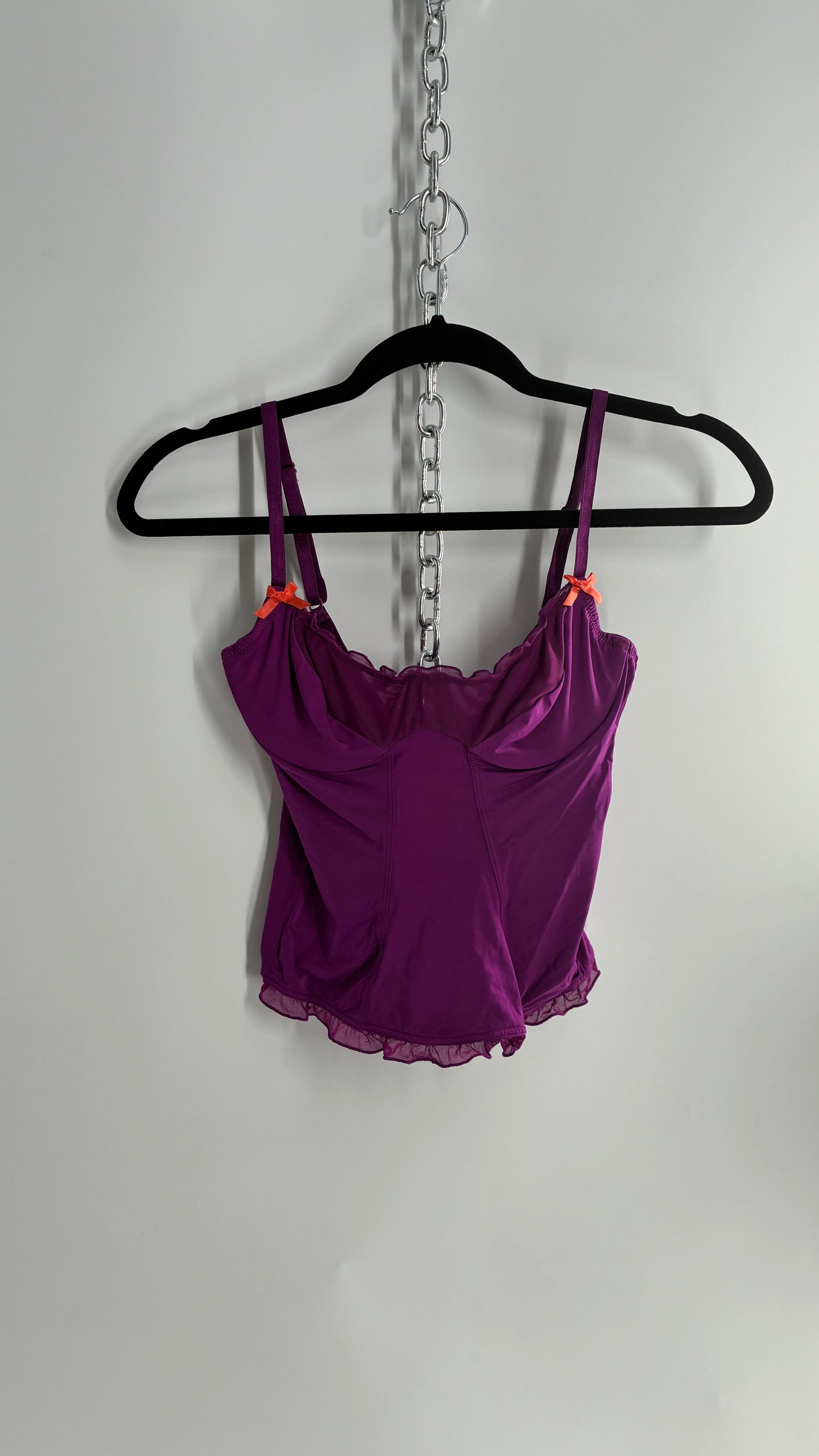 Vintage 1990s Purple Underwire Camisole Top with Sheer Ruffled Trim and Contrast Bow (Small)