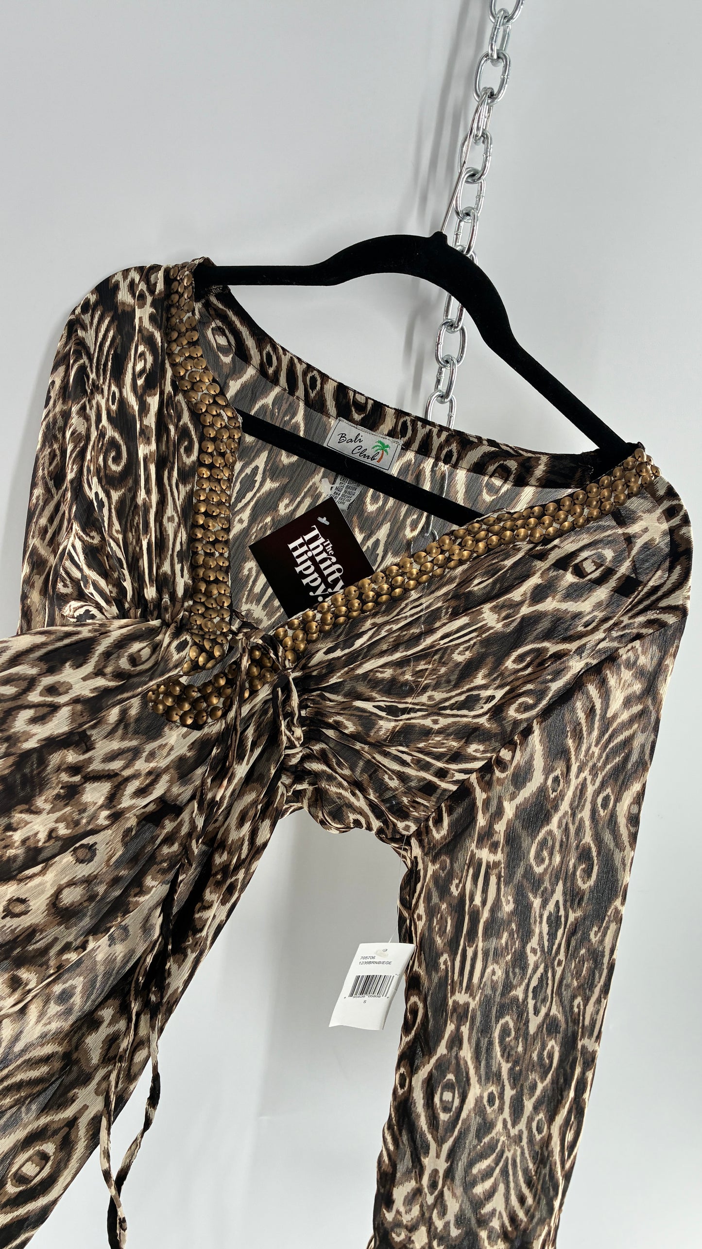 Deadstock Vintage BALI CLUB Animal Print Sheer Mini Dress Blouse with Underbust Cinching and Bronze Studs (Small)
